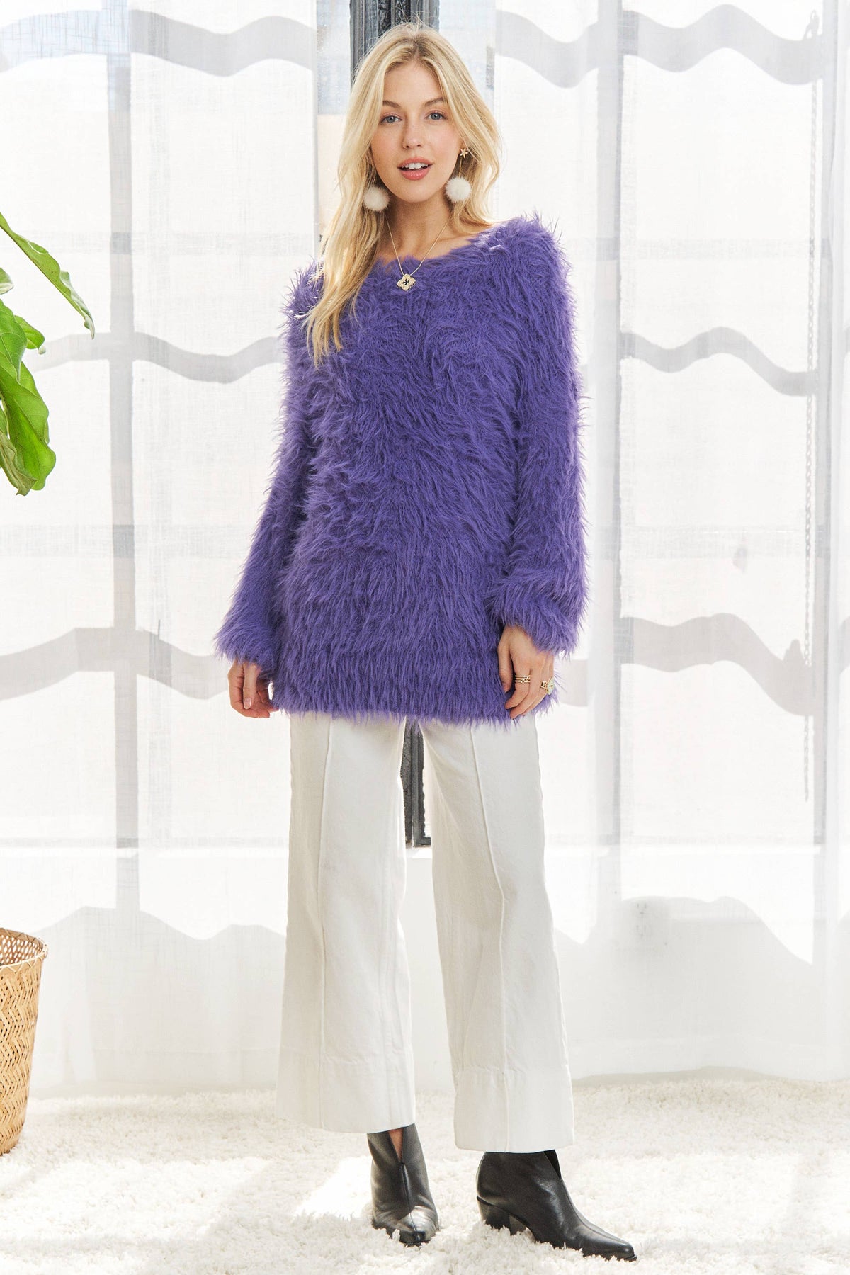 CESW3448A - BOAT NECK SOFT FUZZY SWEATER TOP