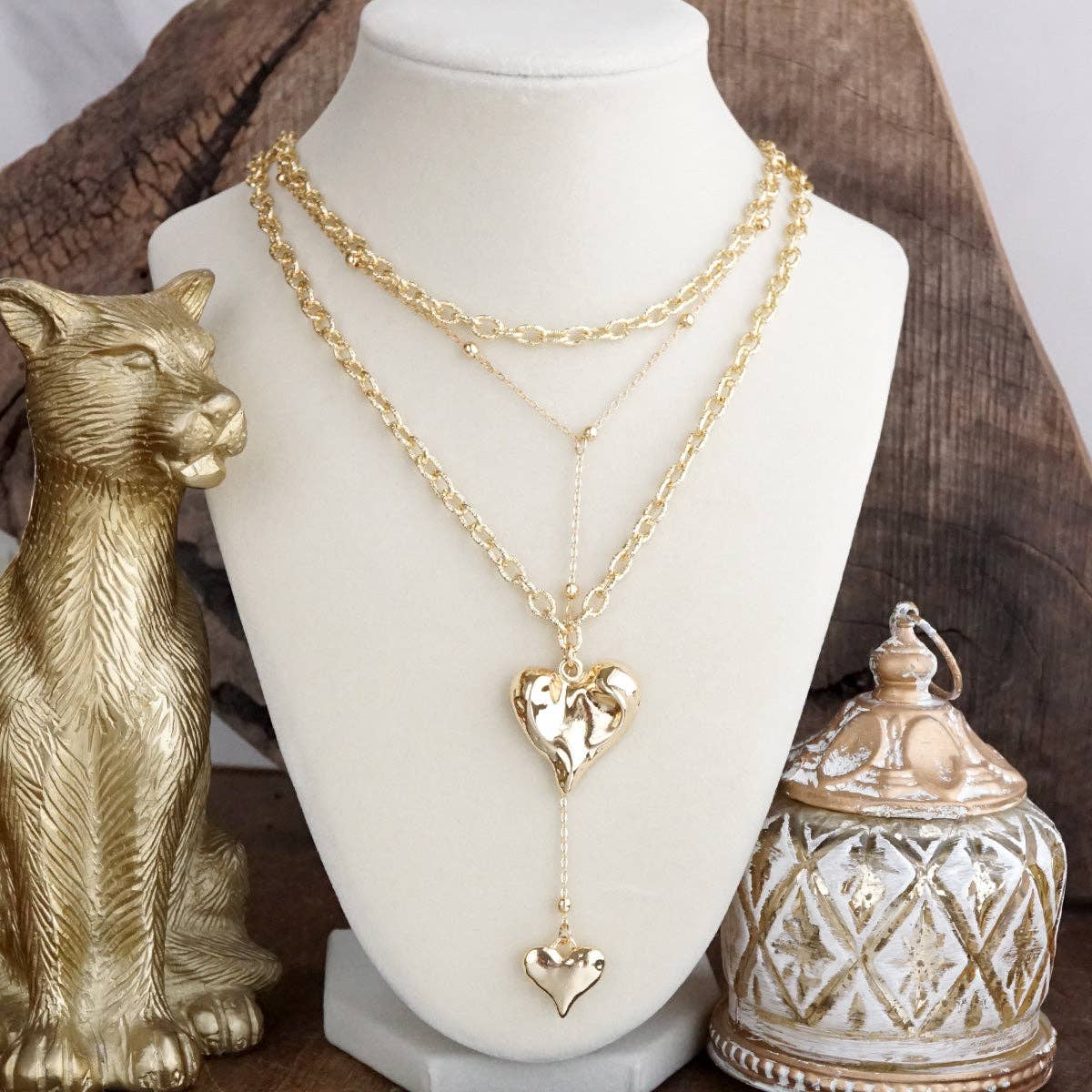 Flutter & Glow – Puffy Heart Lariat Layered Necklace in Gold