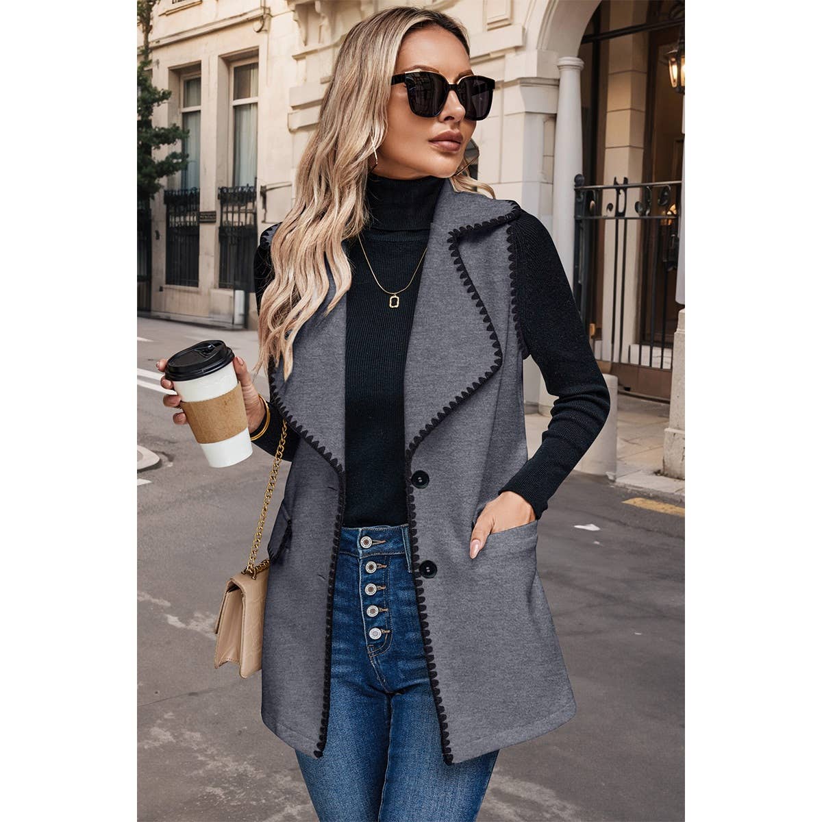 Color Block Tie Waist Button Down Vest