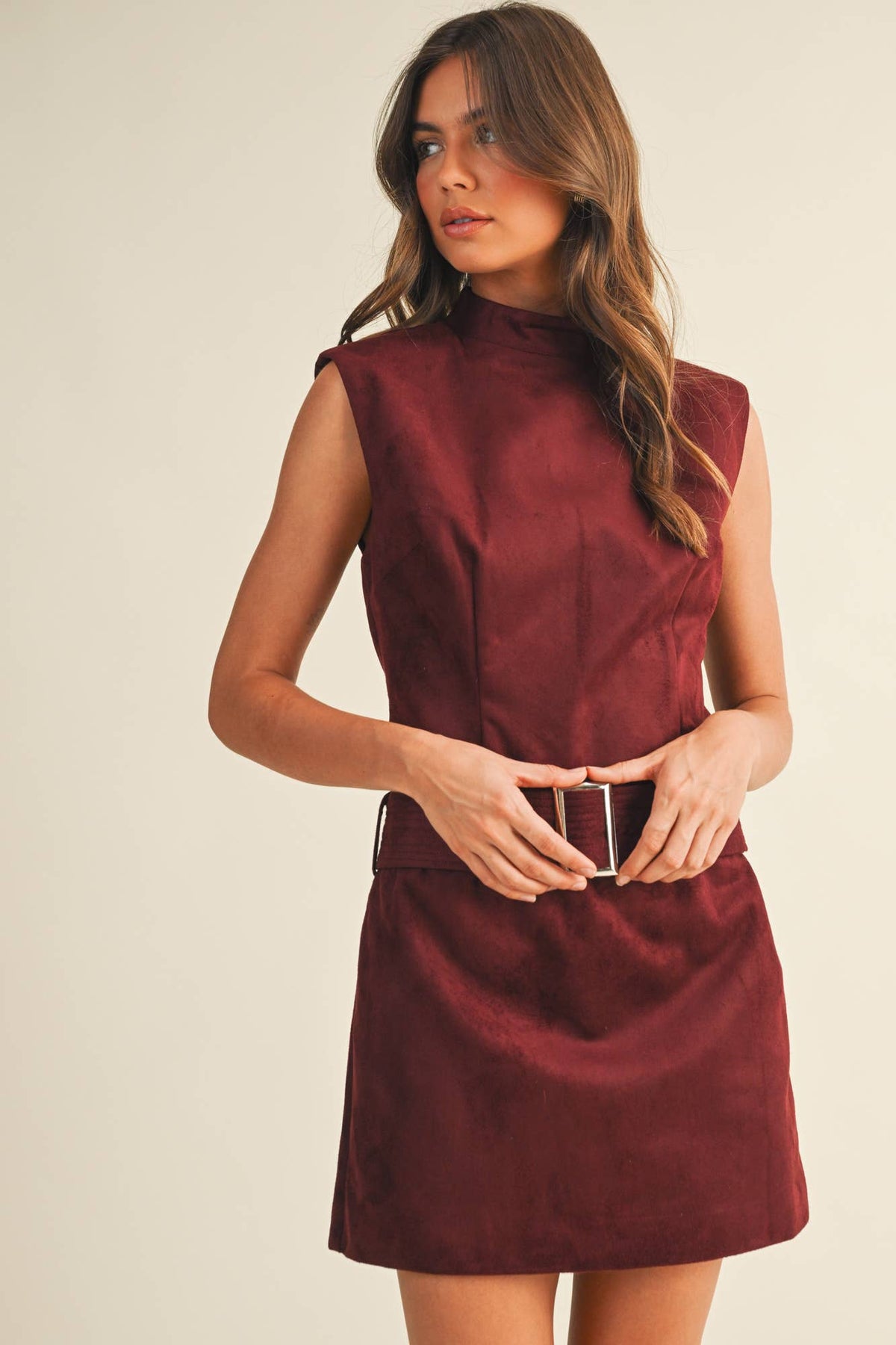 Belted Suede Mock Neck Dress