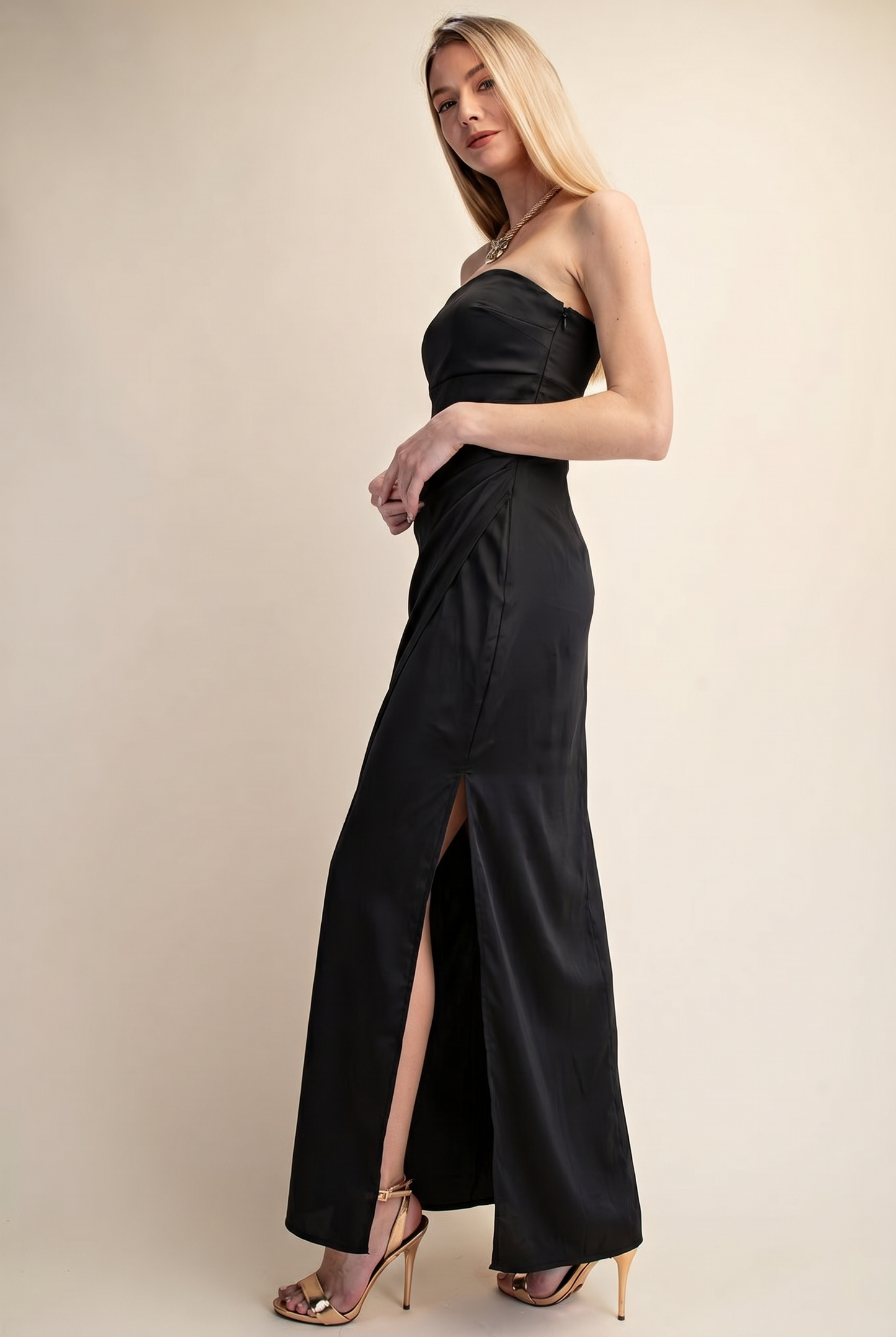 Strapless Satin Wrap Maxi Dress with Side Slit