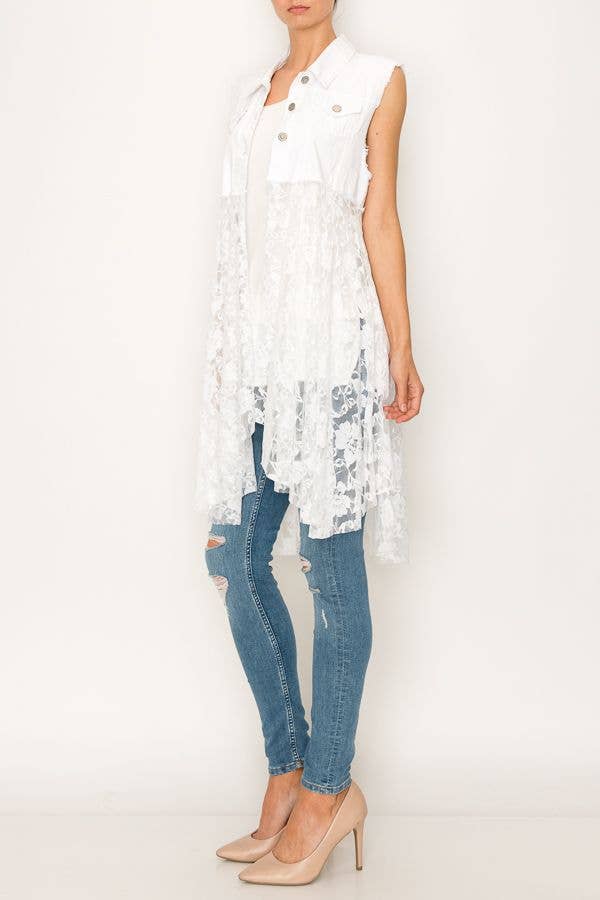 CROPPED DENIM VEST WITH LACE LAYER - 4506 IVORY