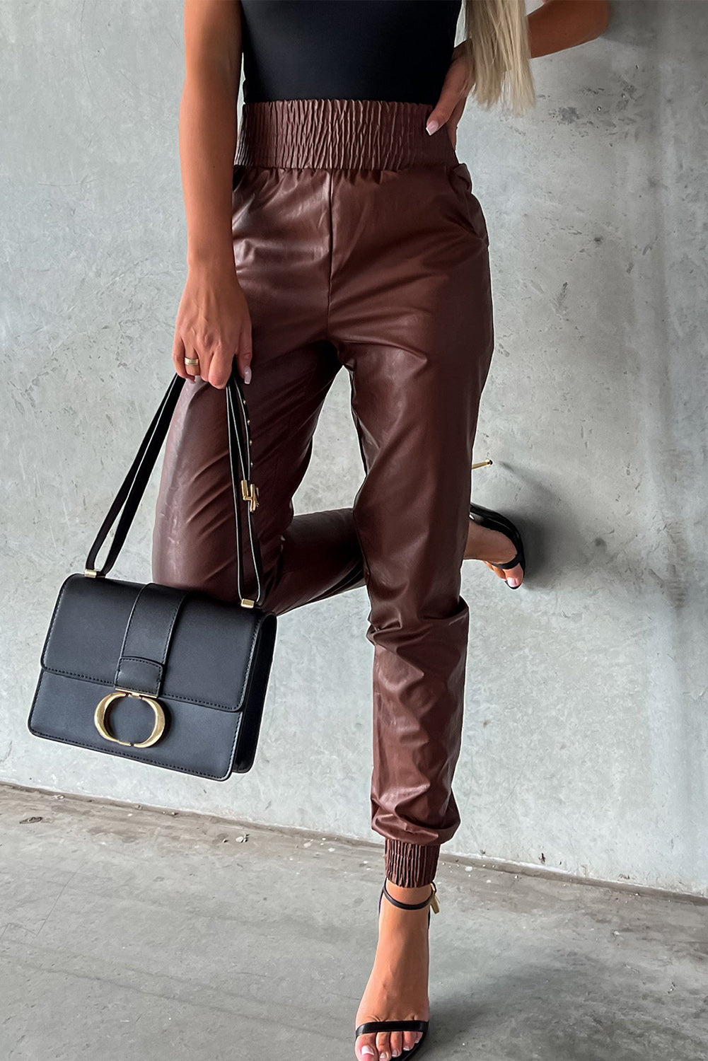 Smocked High Waist Leather Skinny Pants