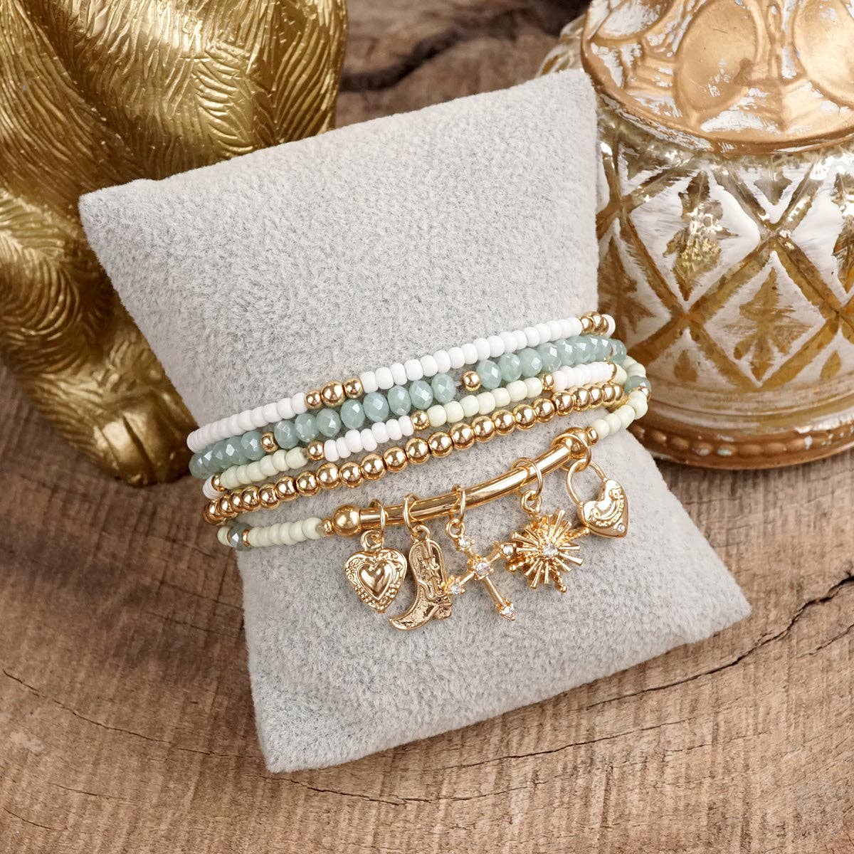 Charmed Whimsy – Set of 5 Mint & White Beaded Bracelets with Golden Charm Bar
