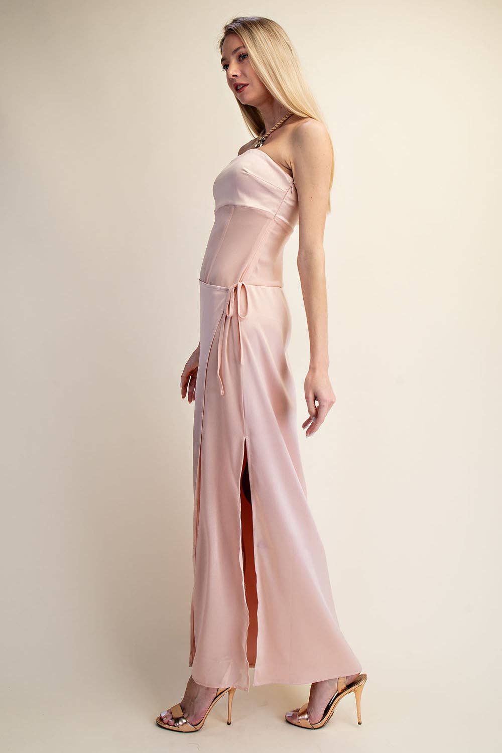 Strapless Satin Wrap Maxi Dress with Side Slit