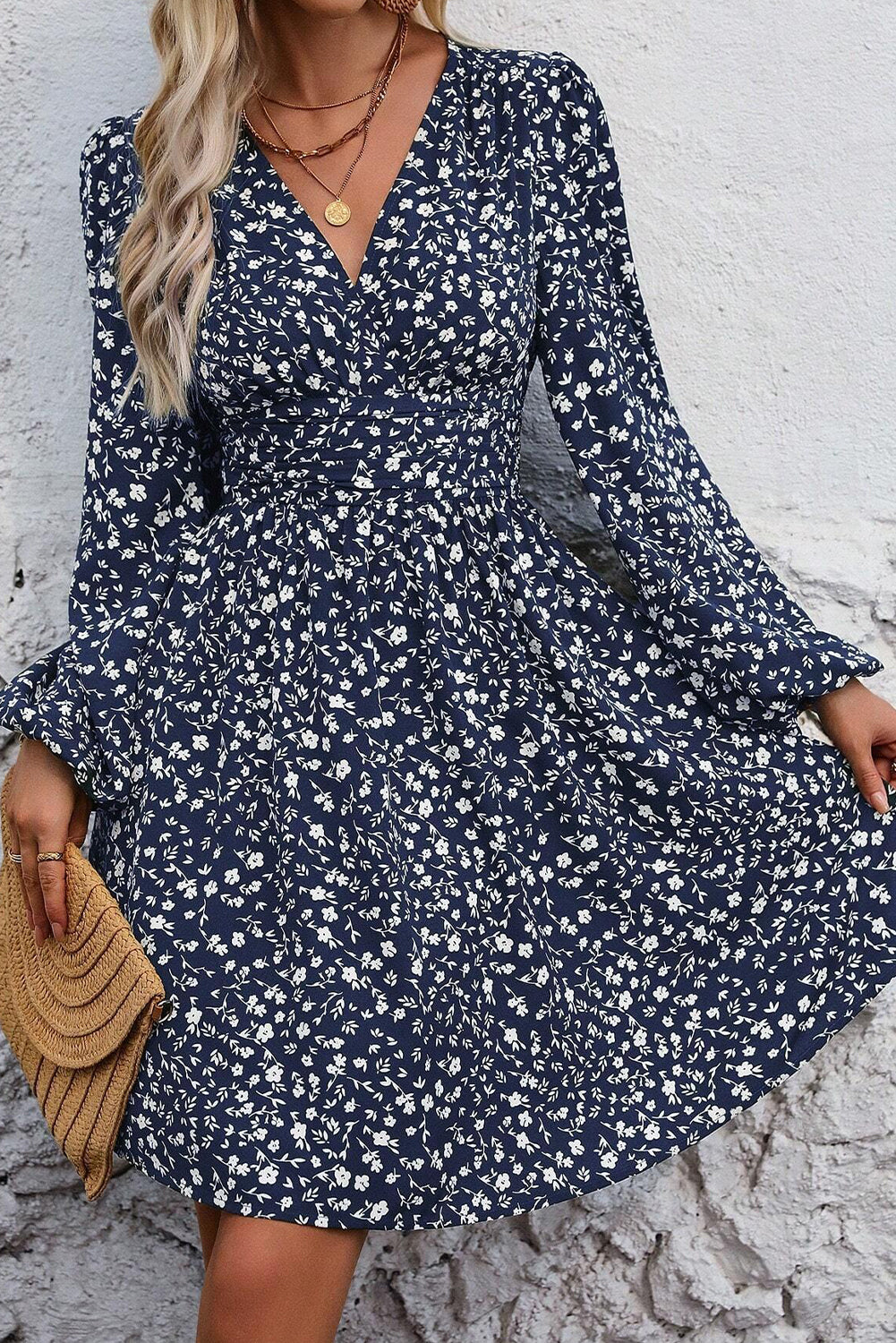 Blue Floral Print V Neck Long Sleeve Mini Dress