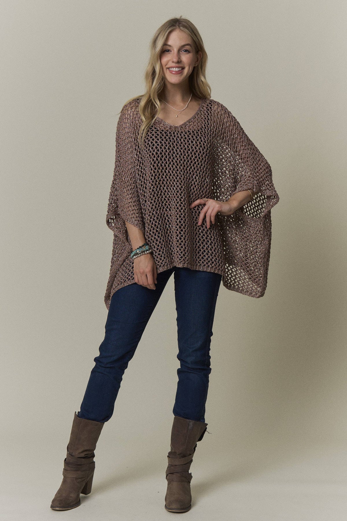 OPEN-KNIT PONCHO SWEATER TOP- CESW4486