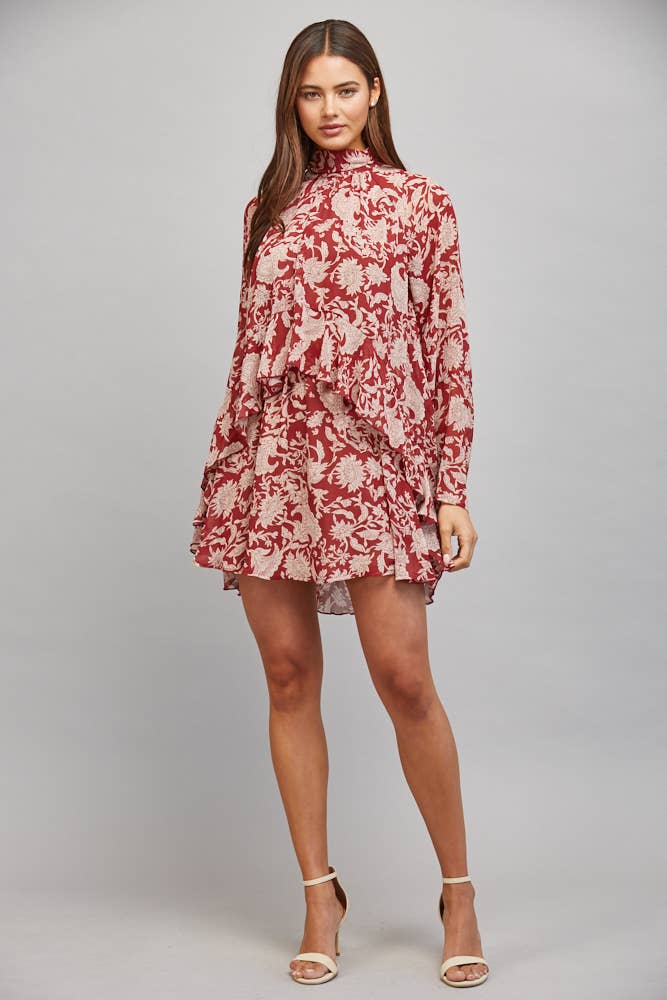 FLORAL PRINT WITH TIE BACK DETAIL RUFFLED PANEL FLOWY DRESS