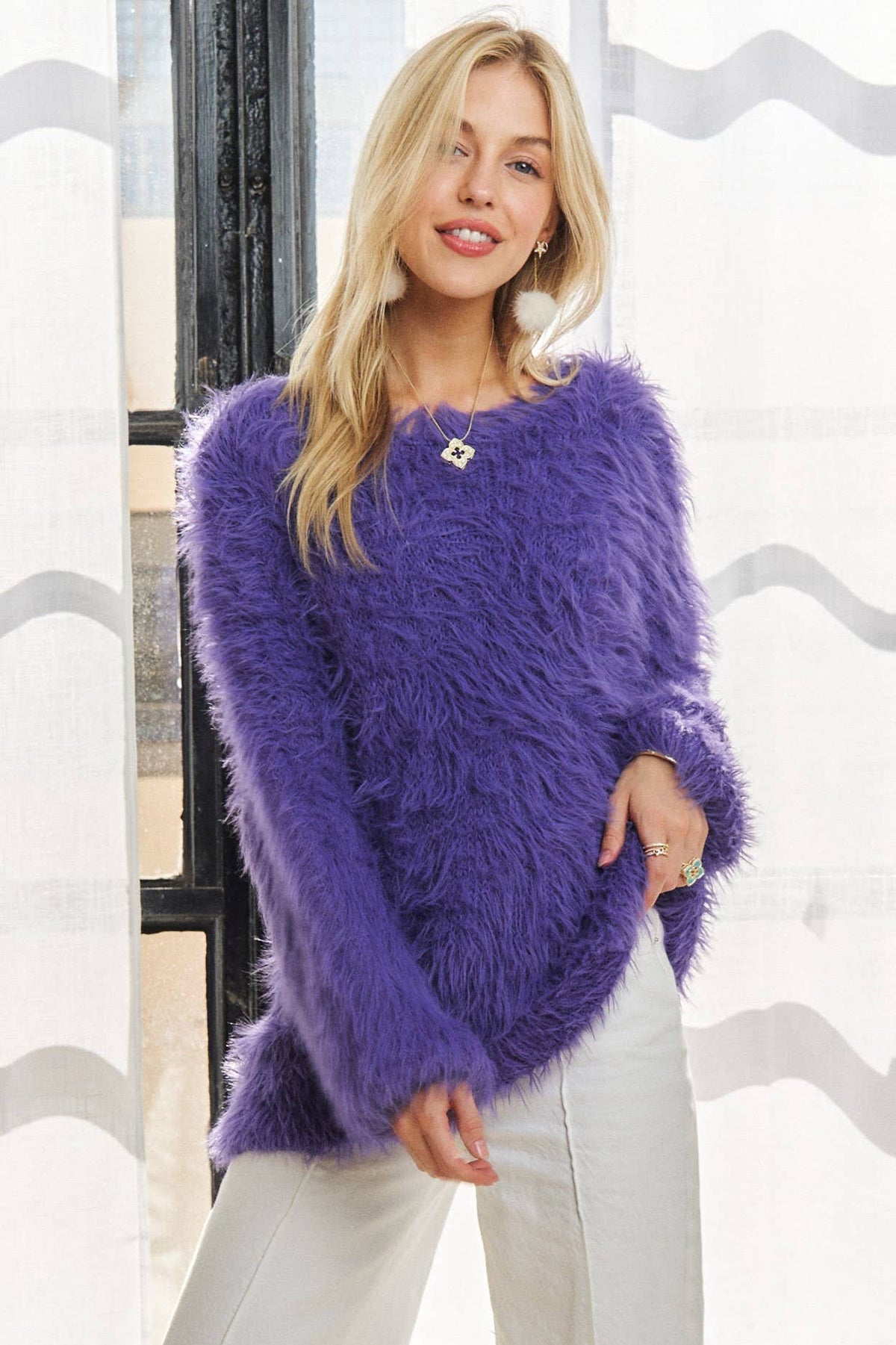 CESW3448A - BOAT NECK SOFT FUZZY SWEATER TOP