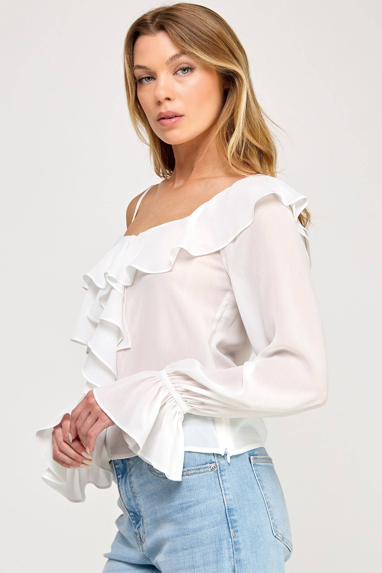 Ava Long Sleeve Top - Off Shoulder Ruffle Sheer