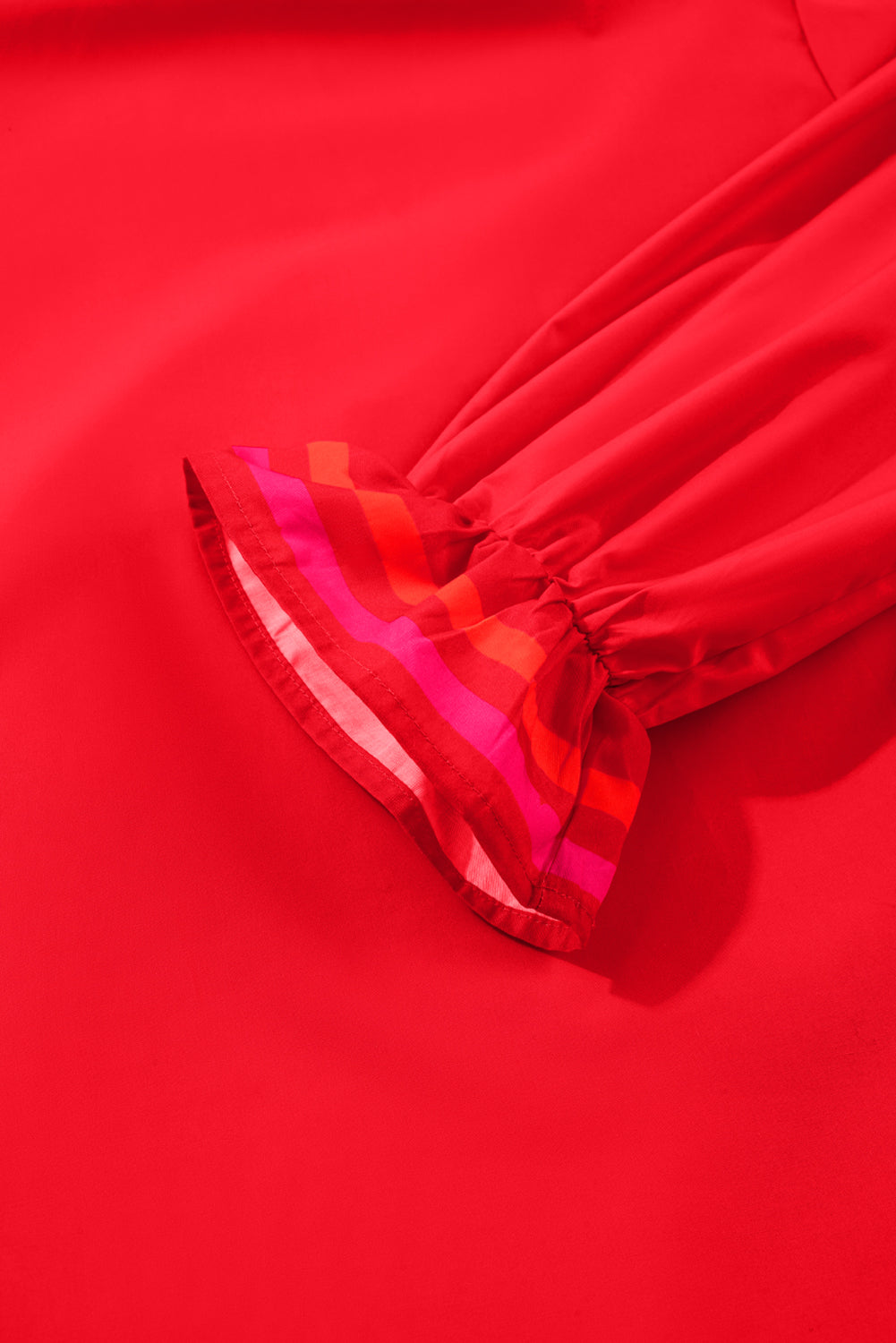 **Pre Order** Fiery Red Striped Trim Ruffle Split Neck Long Sleeve Blouse