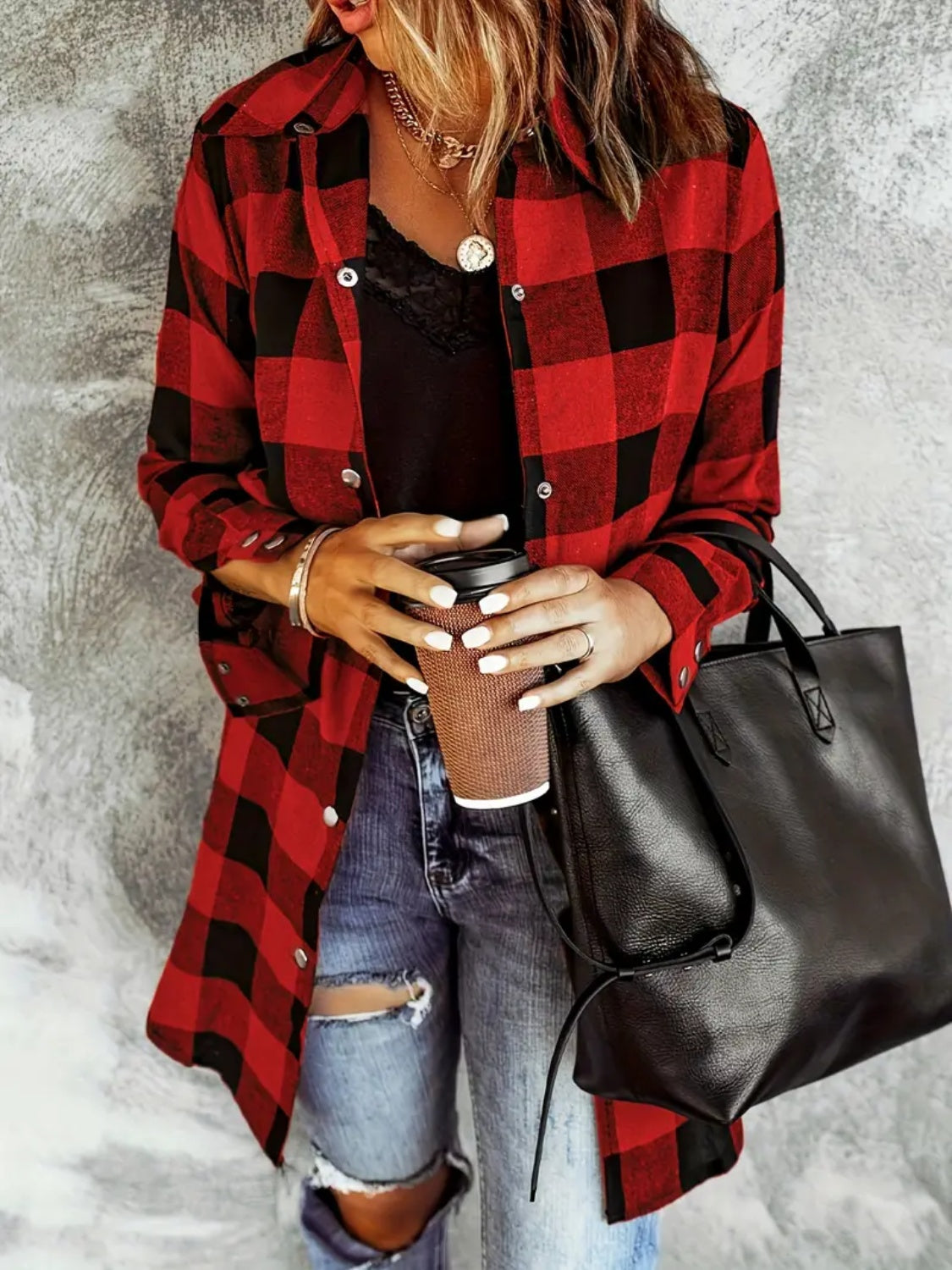 Plaid Collared Neck Snap Down Long Sleeve Jacket