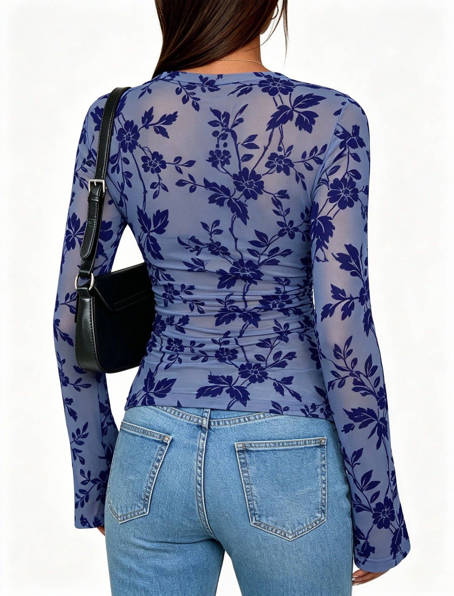 Floral Mesh Top Boutique Bell Sleeve Ruched Fitted Blouse