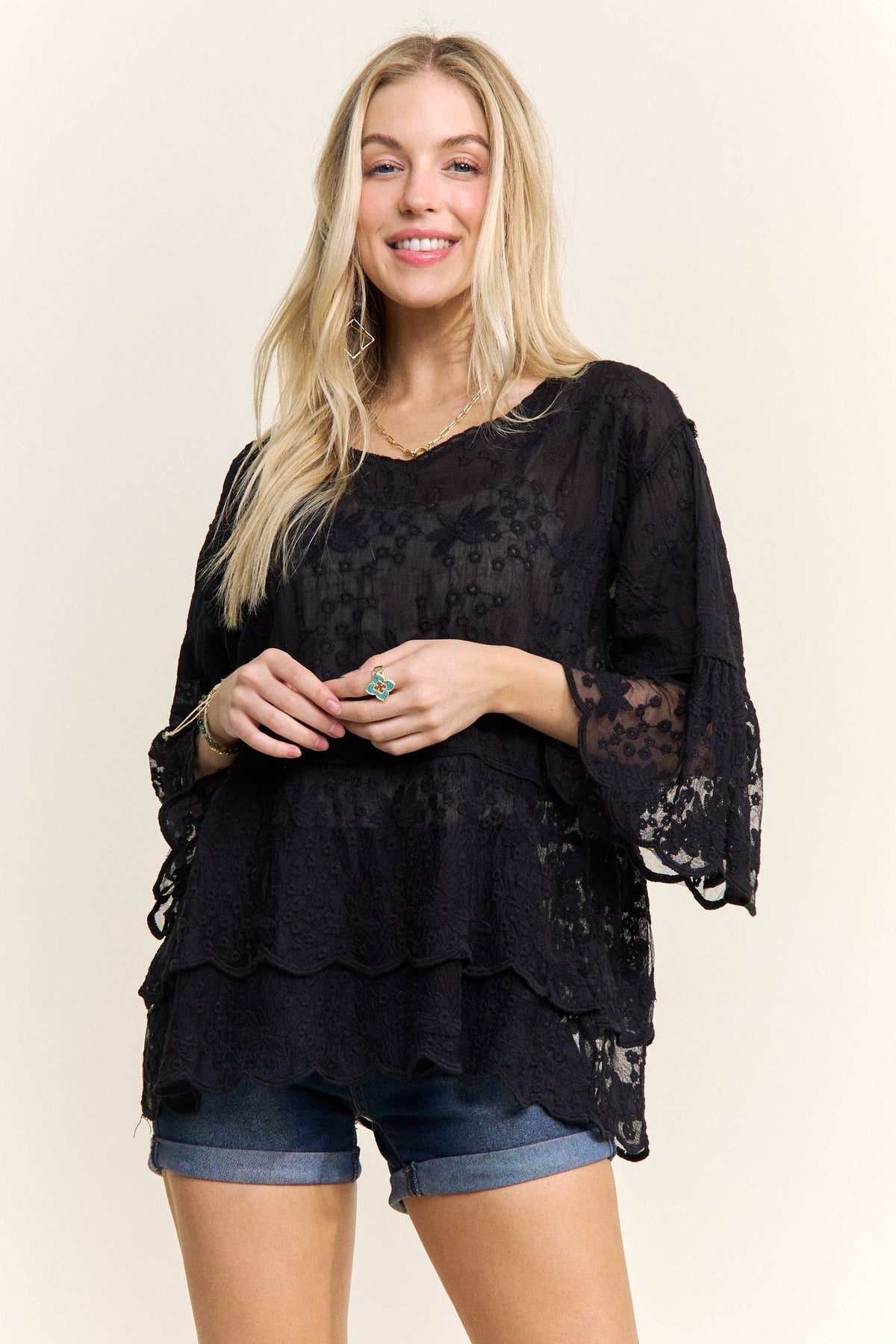 BELL SLEEVES LACE BLOUSE SCALLOP EDGE - CET3907