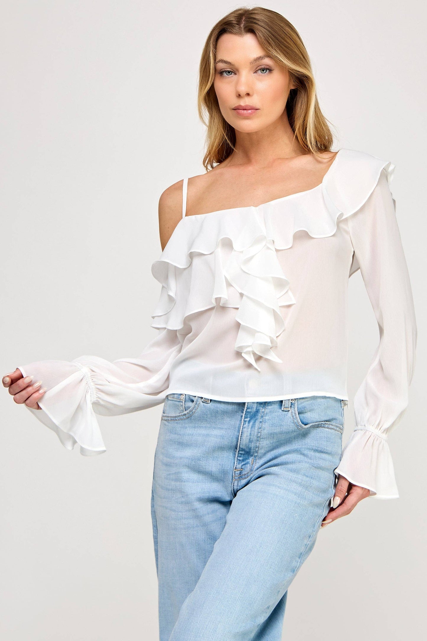 Ava Long Sleeve Top - Off Shoulder Ruffle Sheer