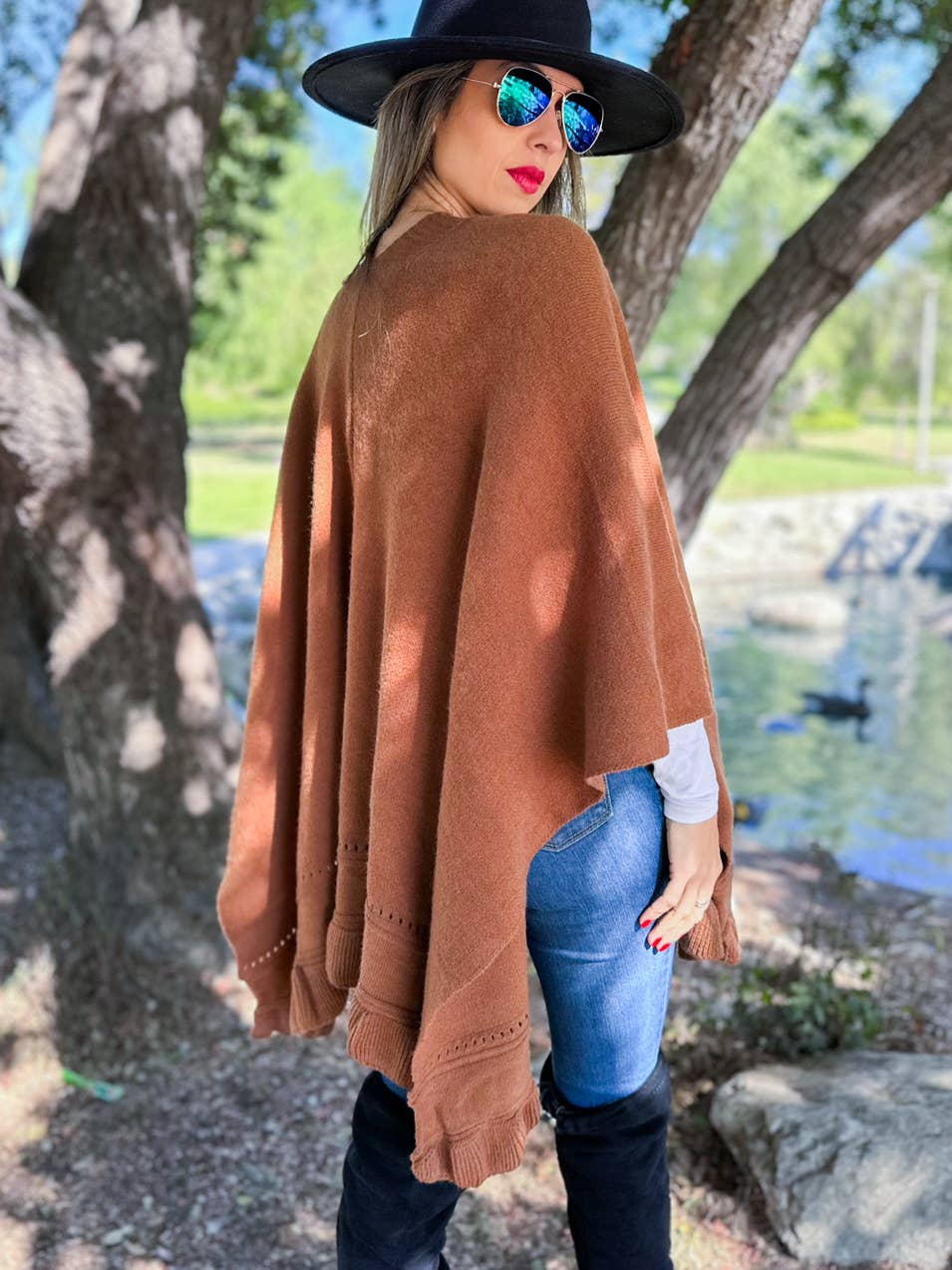 Elegant Brown Ruffled Knit Cape Shawl Ruana
