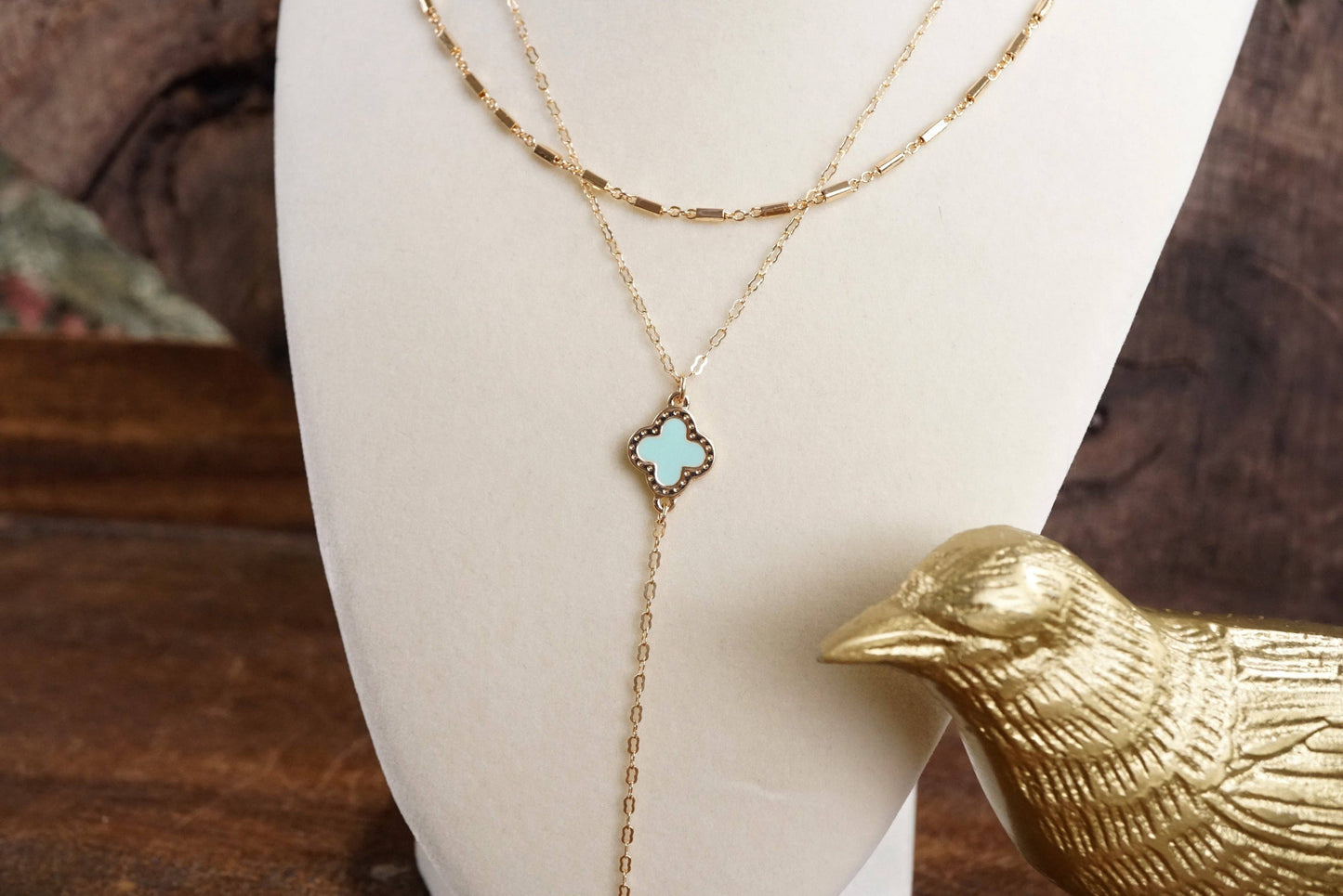 Clover Lariat Dainty Layered Necklace – Gold Tone & Color Options