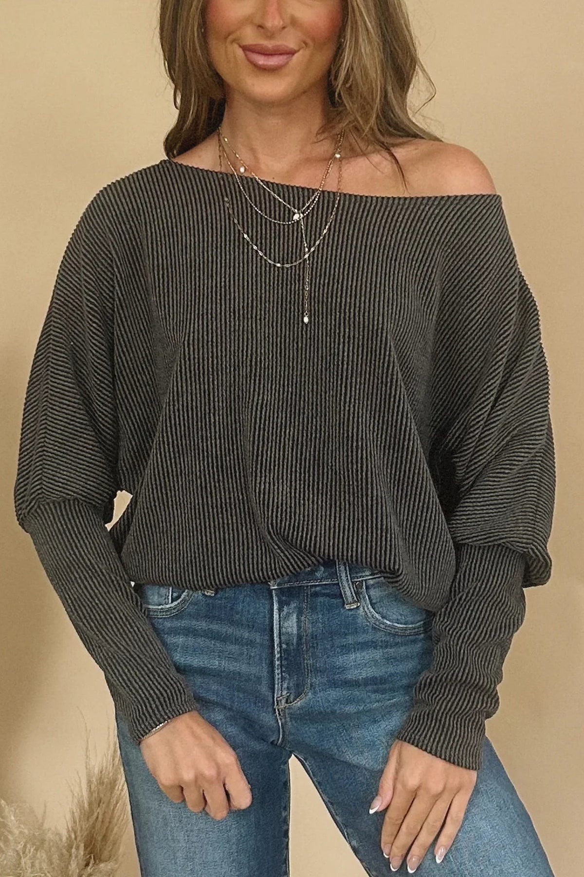 Carbon Grey Twisted Ribbed Dolman Long Sleeve Top
