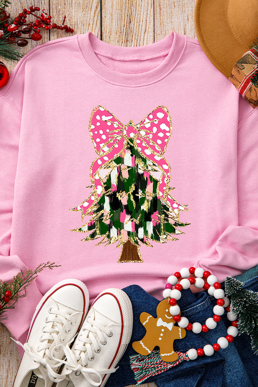 Glittering Bowknot Christmas Tree Graphic Sweatshirt