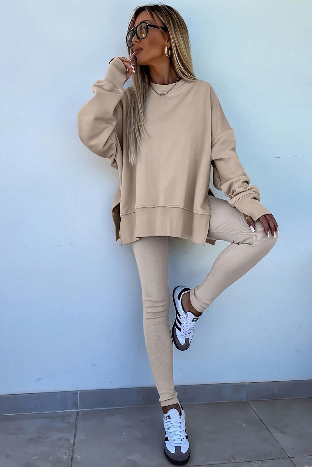 Orchid Mist Solid Color Oversized Slit Sweatshirt Ribbed Leggings Set