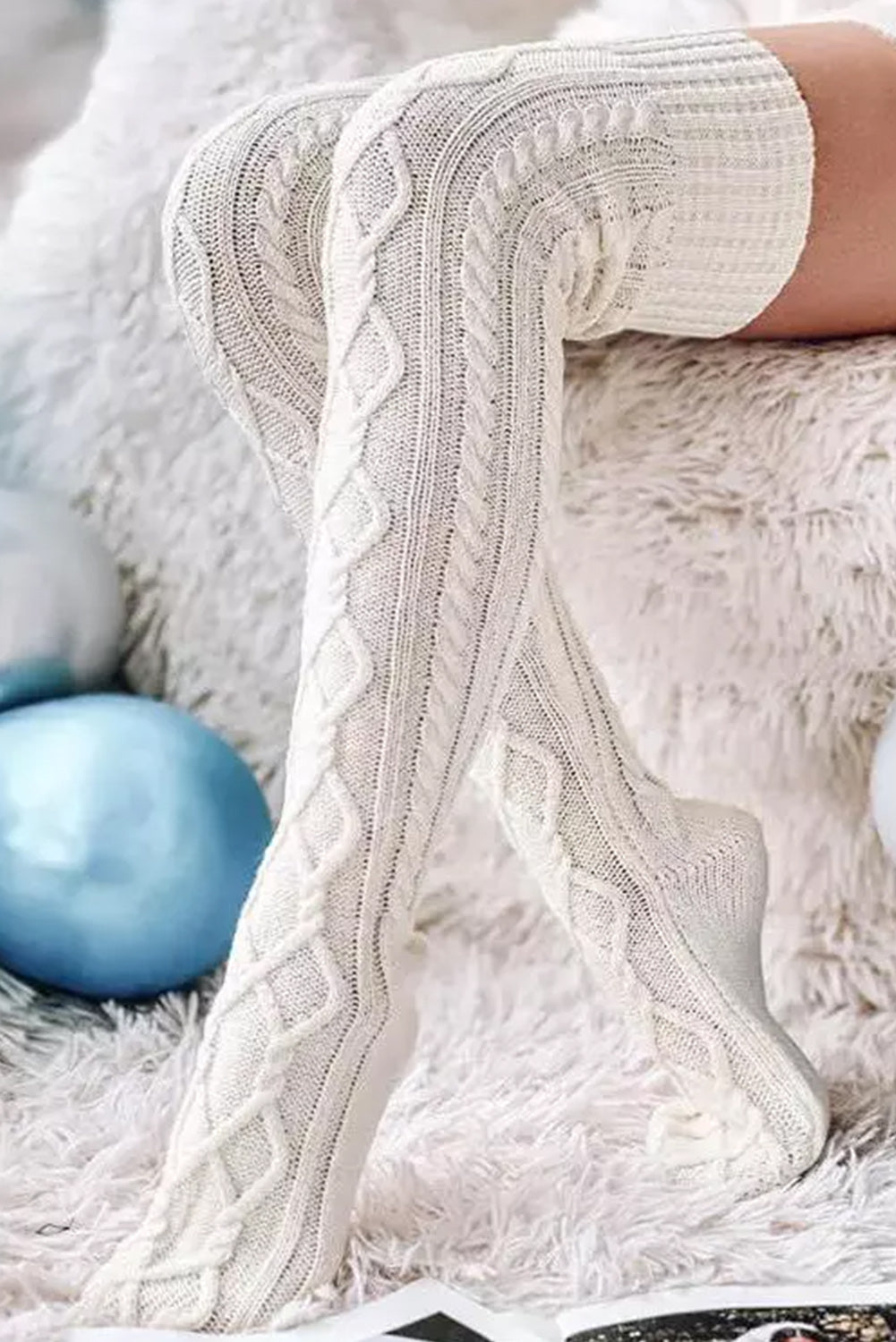 White Cable Knit Thigh High Winter Socks