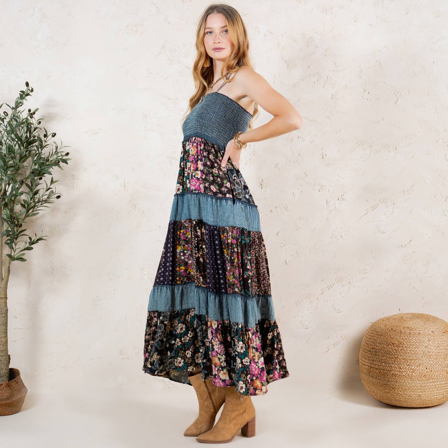 Artisan Pearl Maxi Dress Smocked Bodice Aari Embroidery
