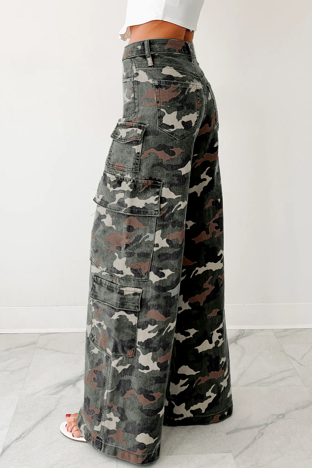 Green Camo Multi Pocket Cargo Wide Leg Jeans