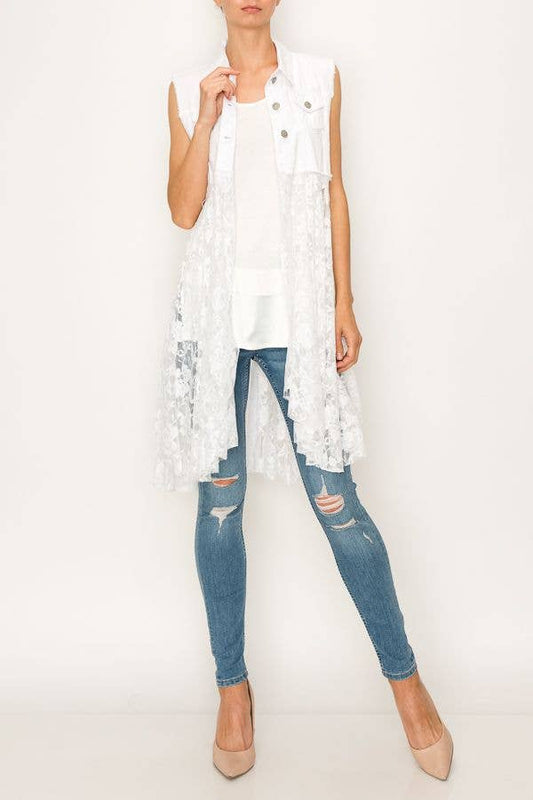 CROPPED DENIM VEST WITH LACE LAYER - 4506 IVORY
