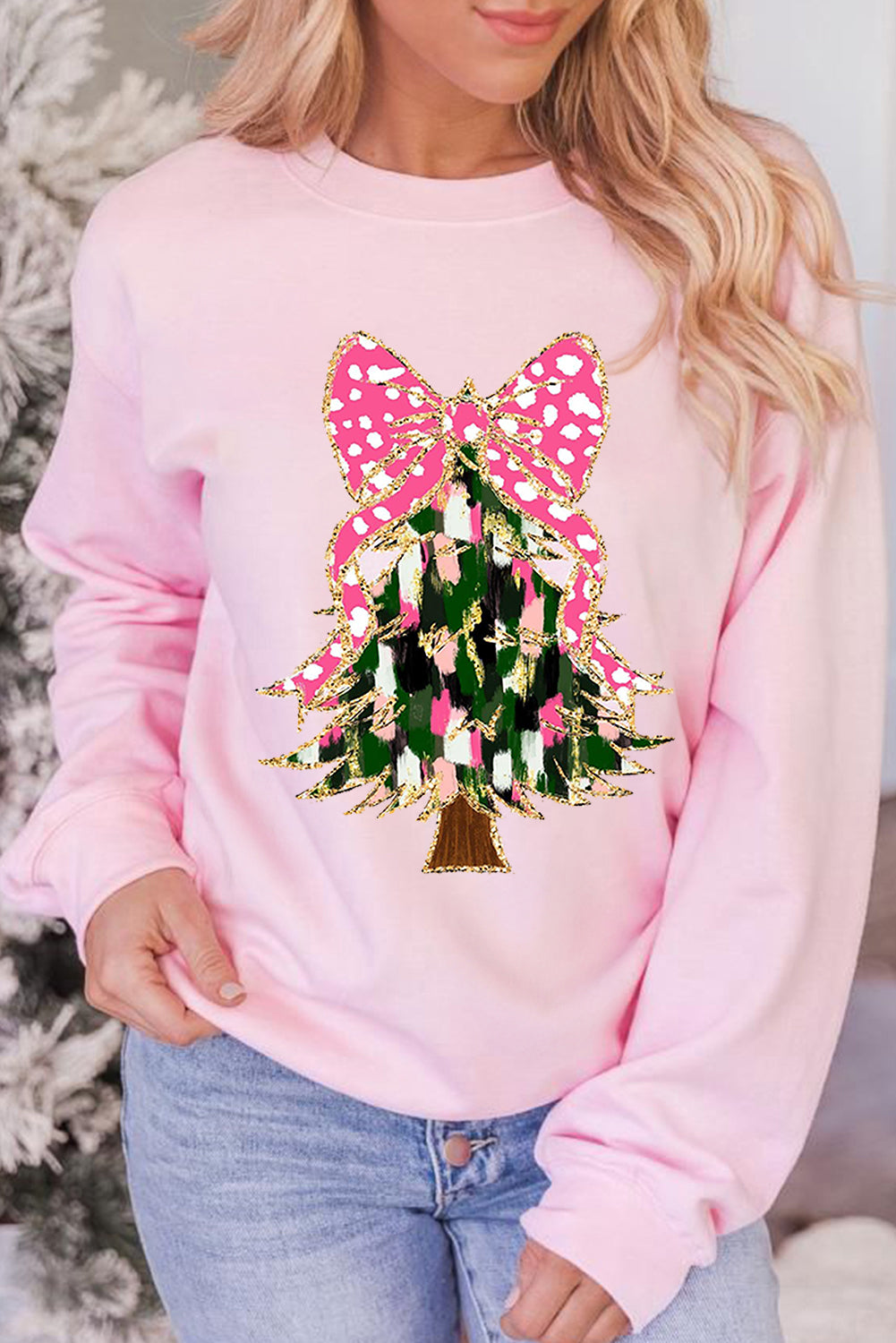 Glittering Bowknot Christmas Tree Graphic Sweatshirt