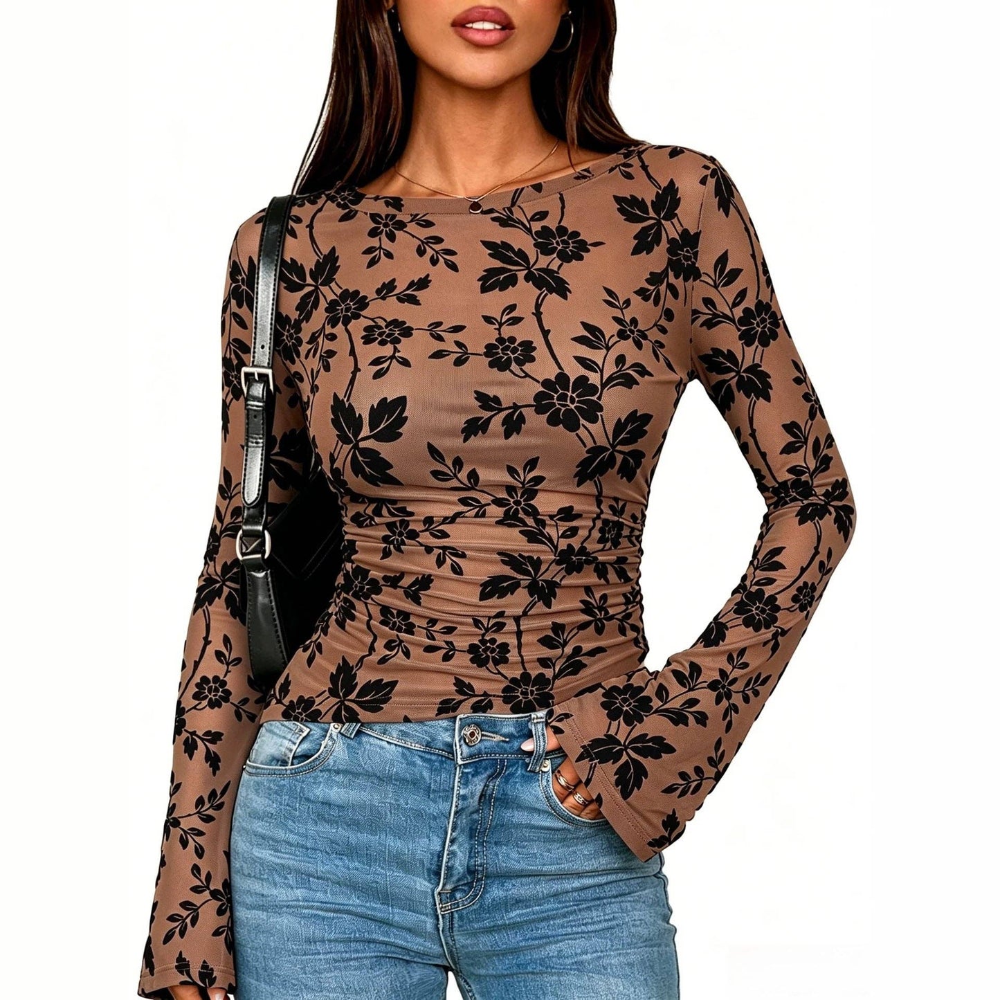 Floral Mesh Top Boutique Bell Sleeve Ruched Fitted Blouse