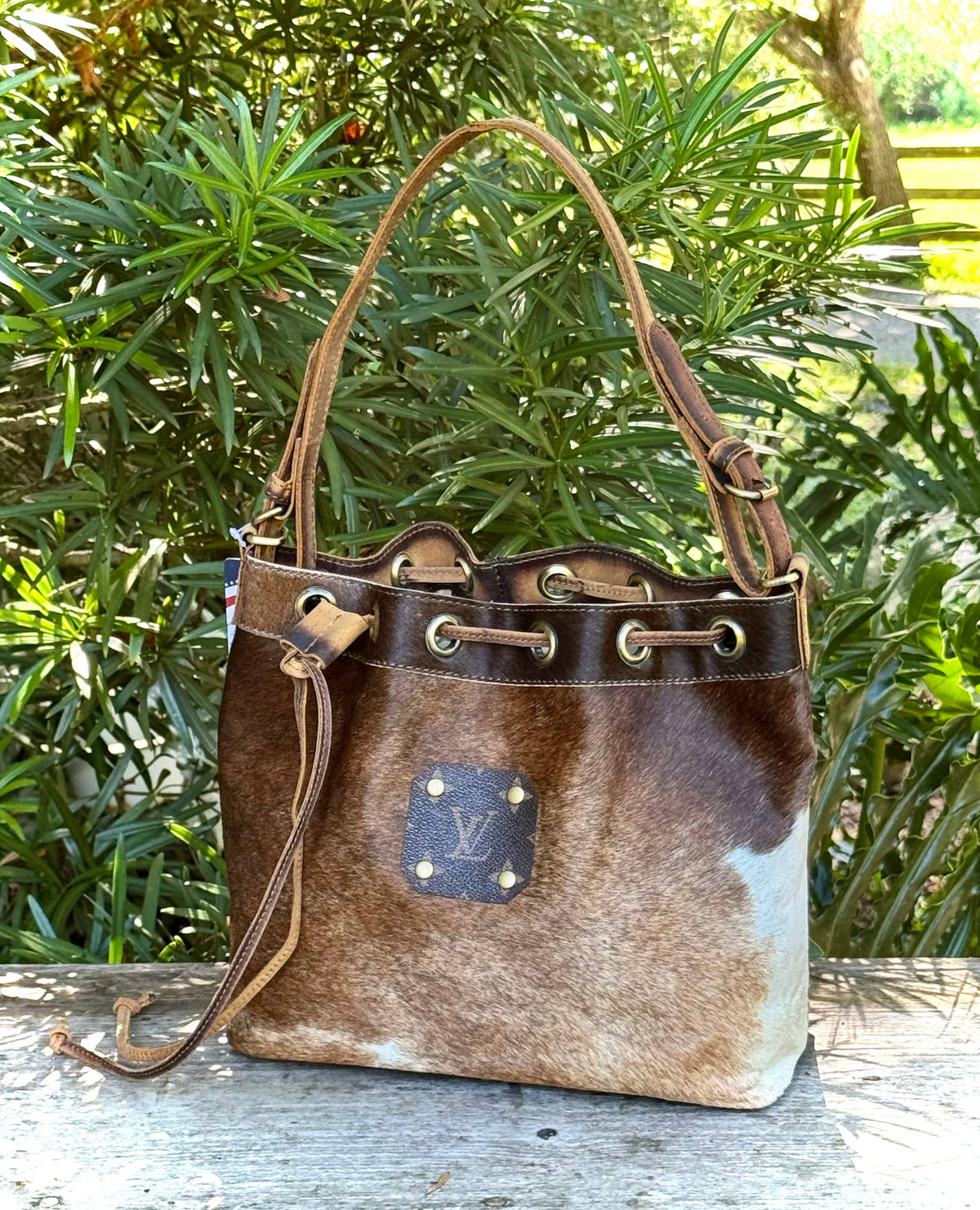 Upcycled LV Cowhide Leather Bucket Crossbody Shoulder Bag