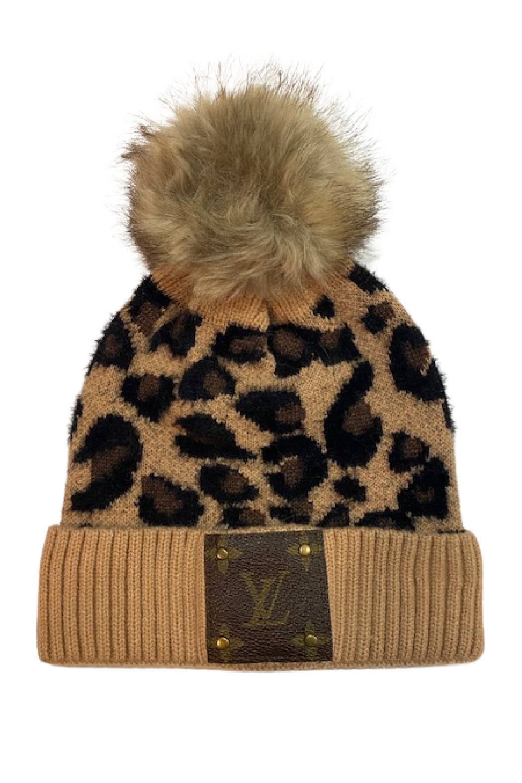 LV Up-Cycled Brown Leopard Pom Knit Beanie