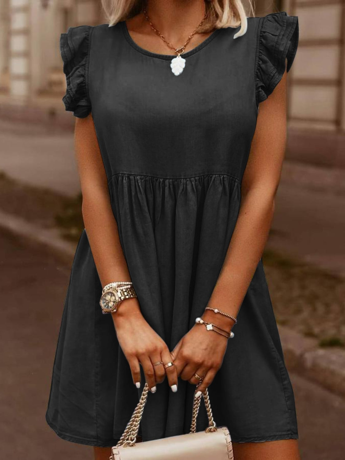 Ruffled Round Neck Cap Sleeve Denim Dress