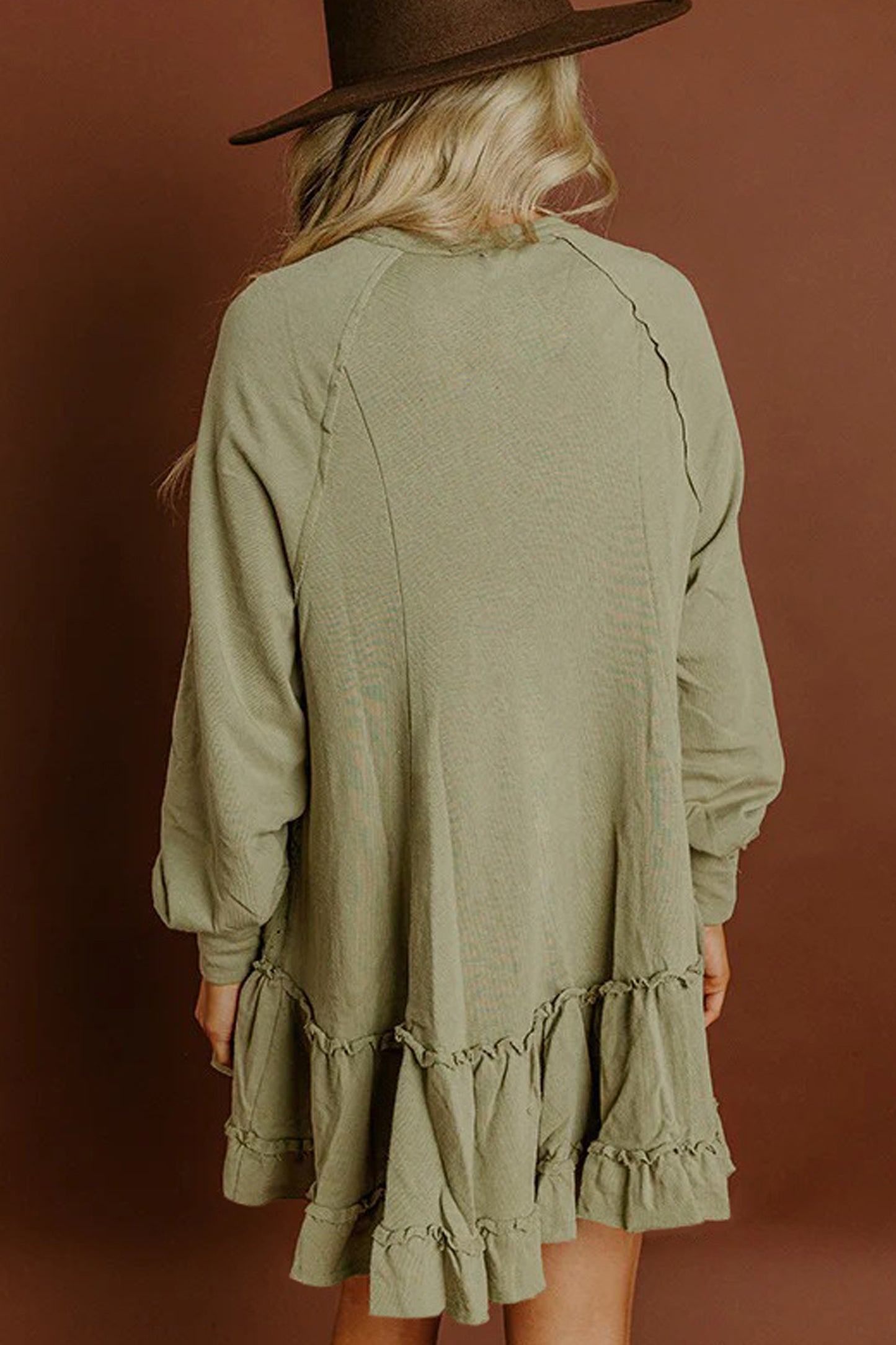 Laurel Green Jacquard Frilled Ruffled Long Sleeve Mini Dress