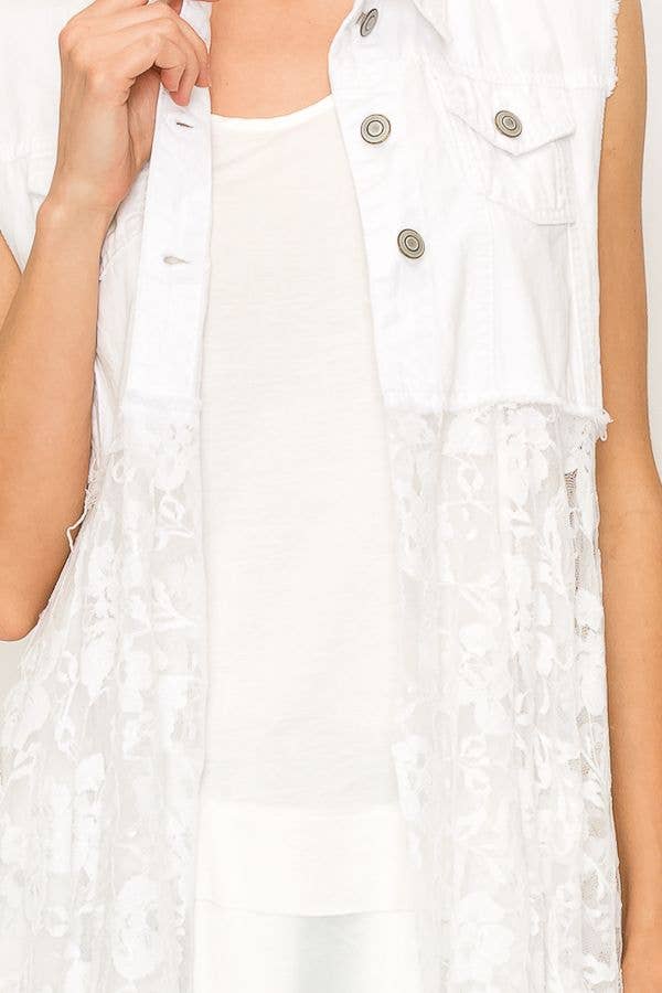 CROPPED DENIM VEST WITH LACE LAYER - 4506 IVORY