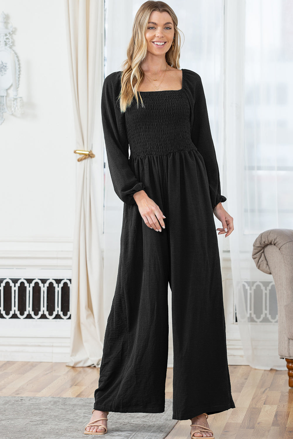 Smocked Square Neck Long Sleeve Wide Leg Jumpsuit