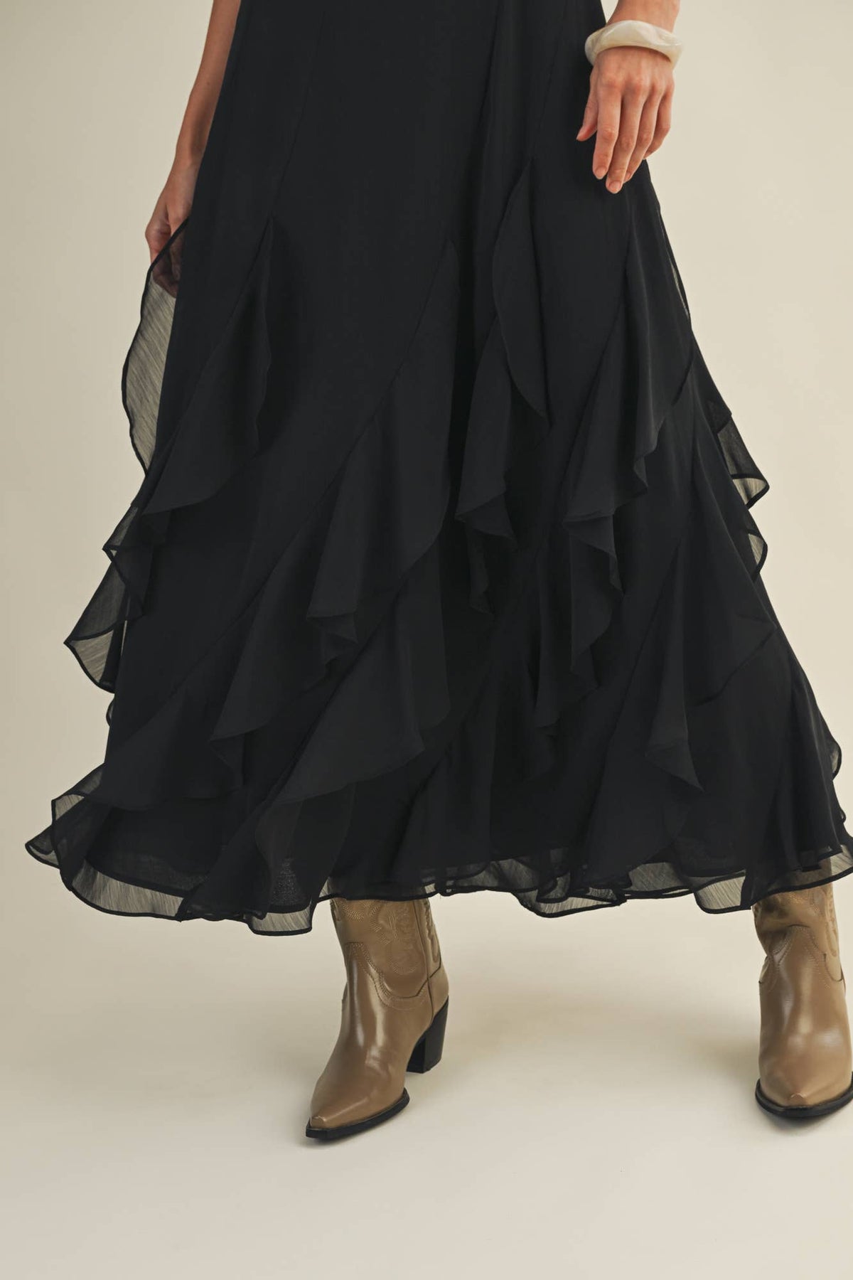 Lace V-Neck Cascading Ruffle Dress