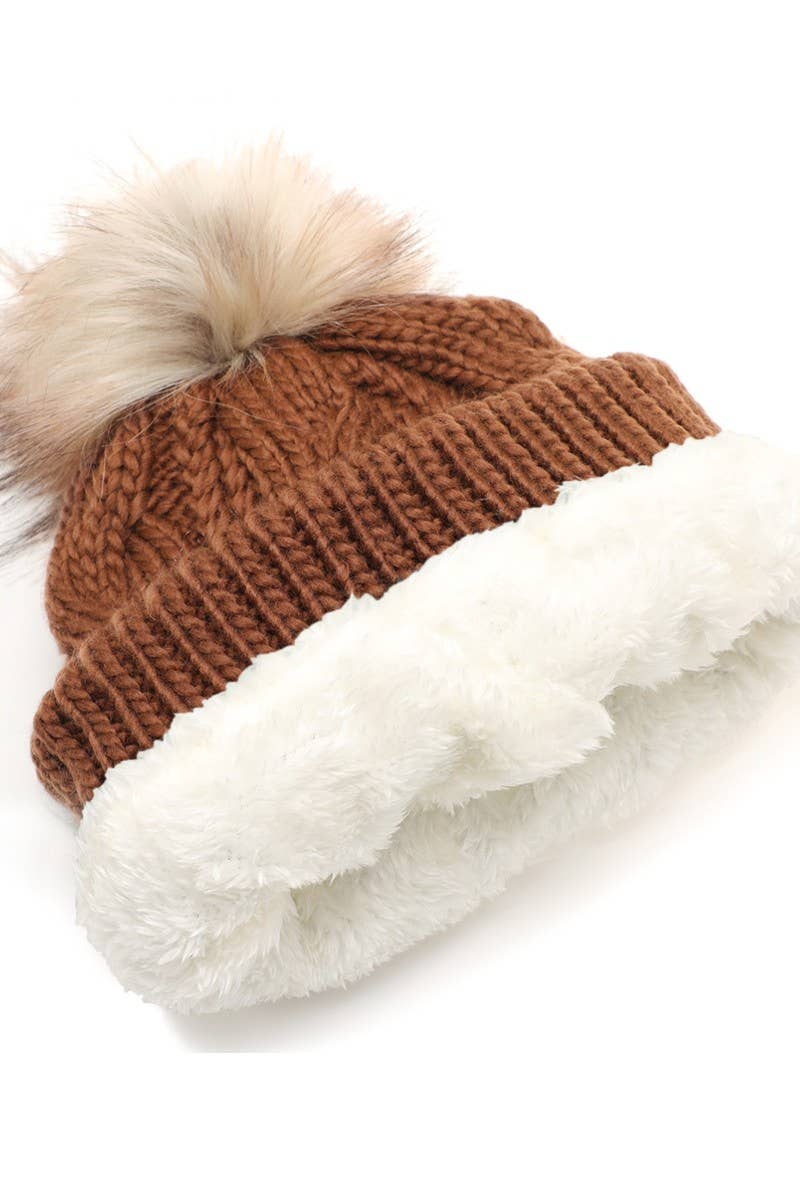 Women's Faux Fur Pom Beanie Hat with Sherpa Lining