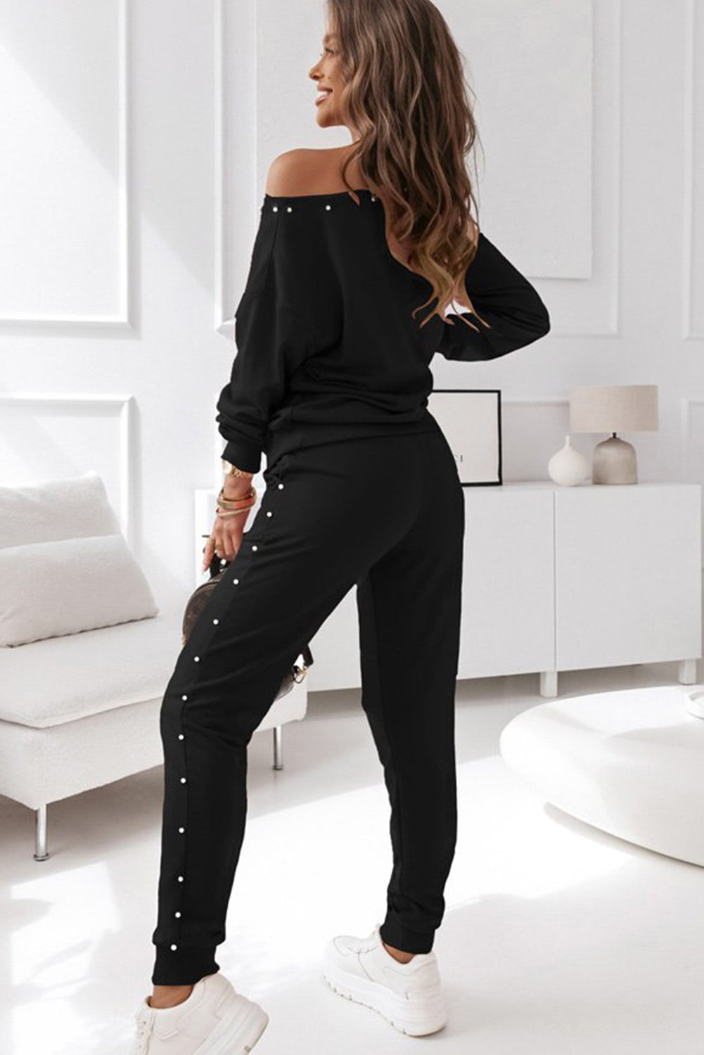 Beaded Decor Pullover And Jogger Pants Set