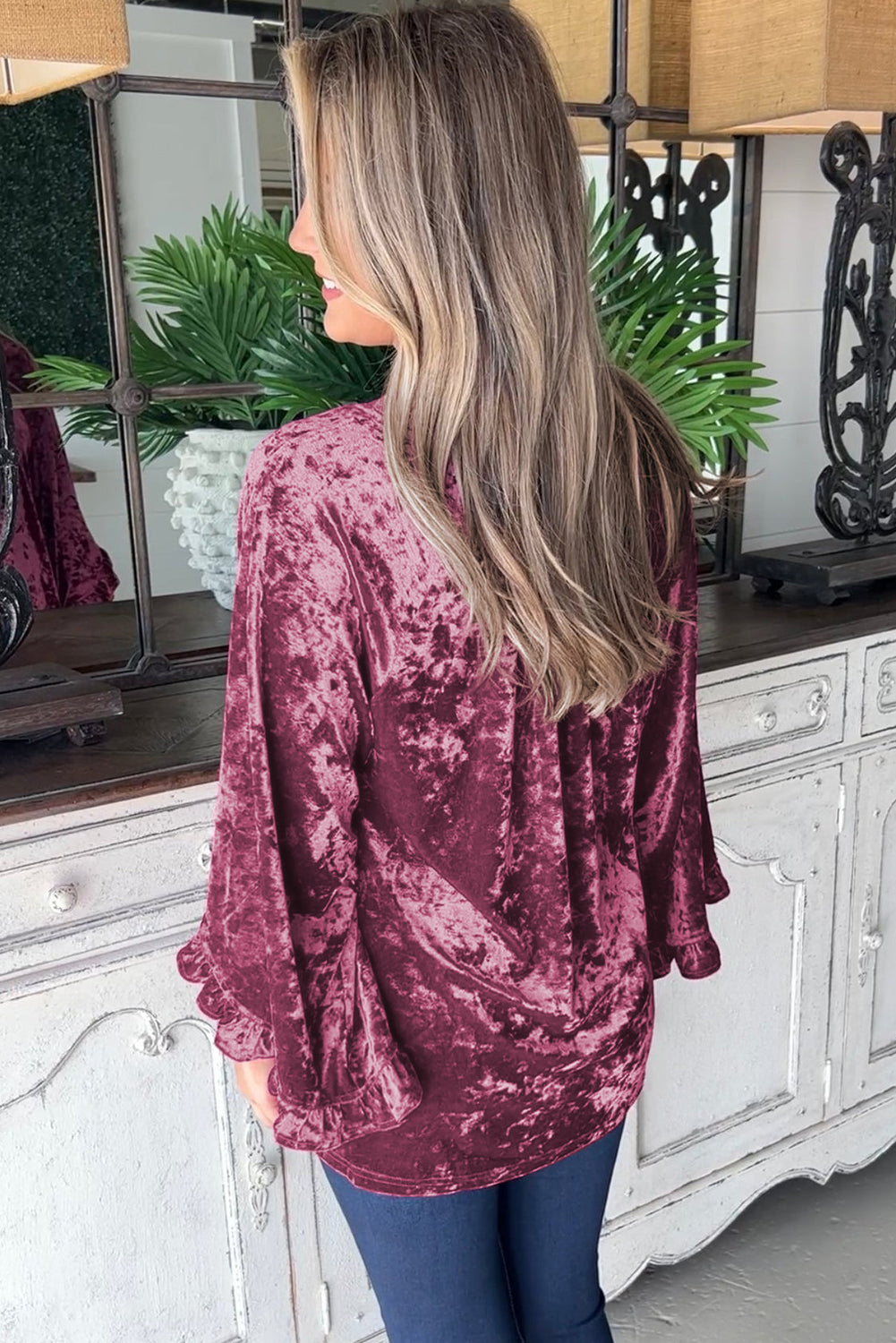 Ruffle Bell Sleeve Loose Velvet Blouse