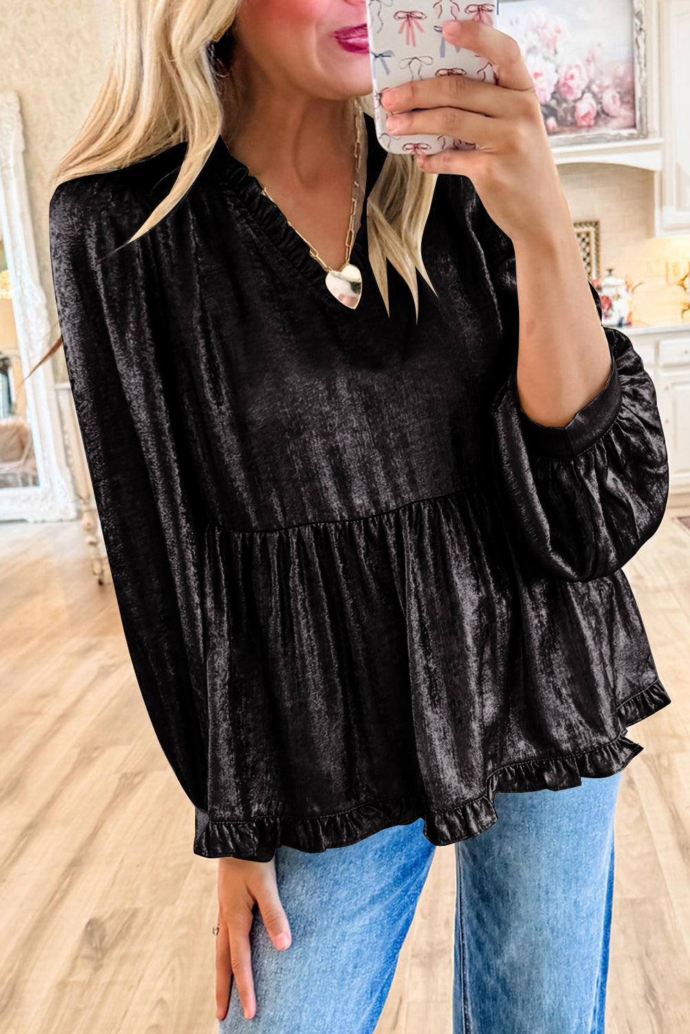 Velvet Frill V Neck Puff Sleeve Babydoll Blouse