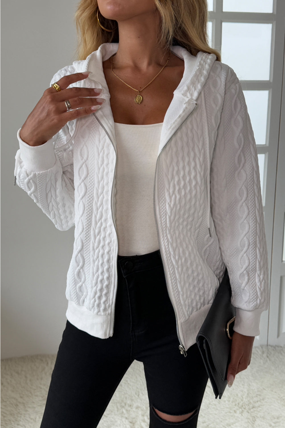 White Jacquard Zipper Hoodie