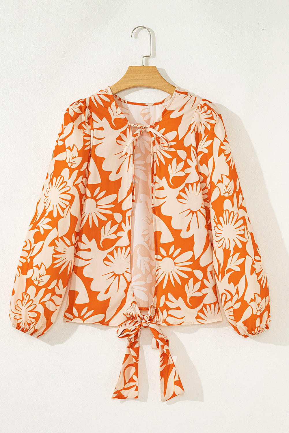 Orange Floral Print Knotted Backless Long Sleeve Blouse