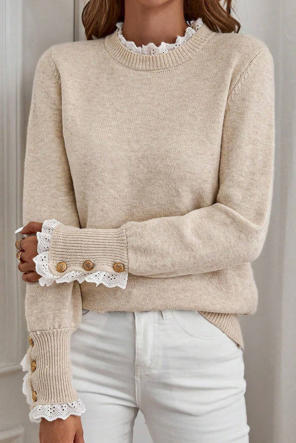 Sleet Lace Trim Patchwork Buttoned Cuffs Loose Sweater