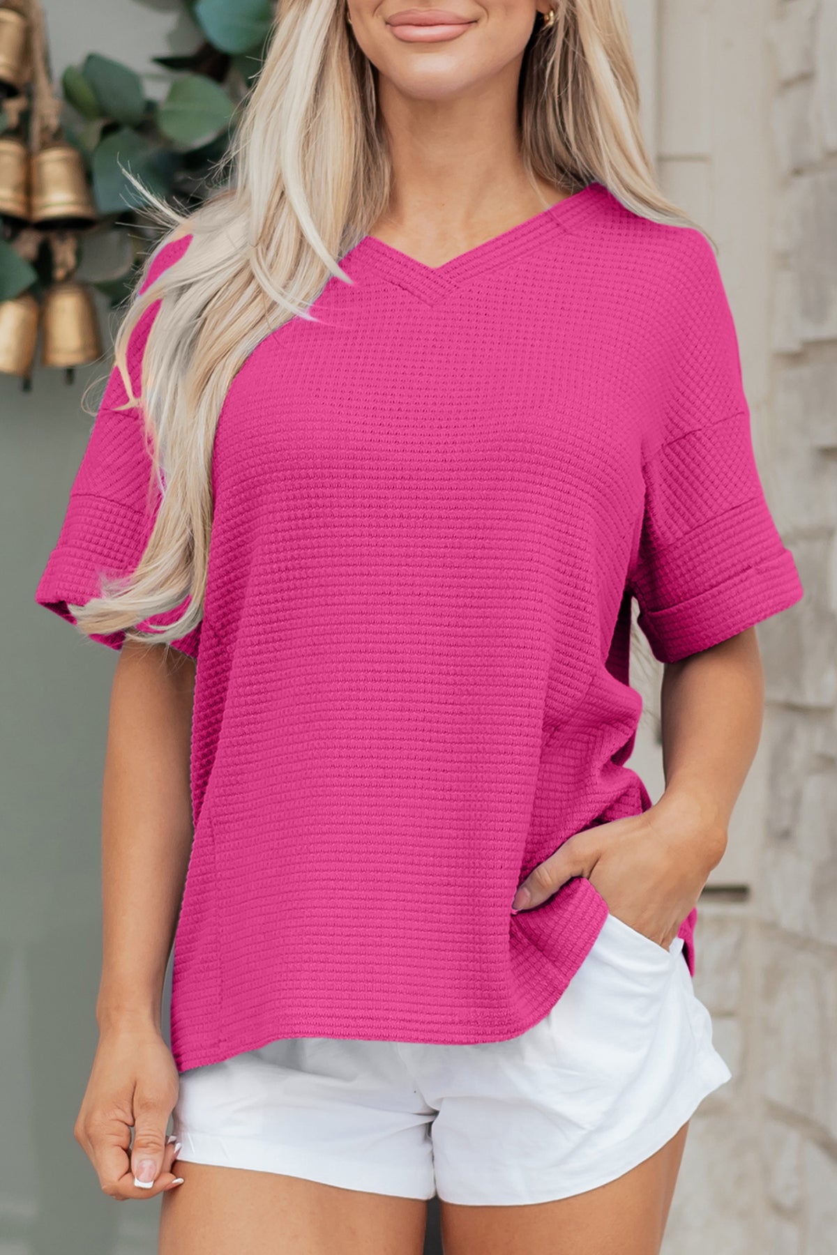 Grapefruit Orange Waffle V Neck Short Sleeve Knit Top