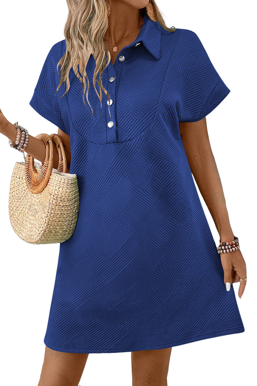 Peach Blossom Solid Color Textured Short Sleeve A Line Mini Dress