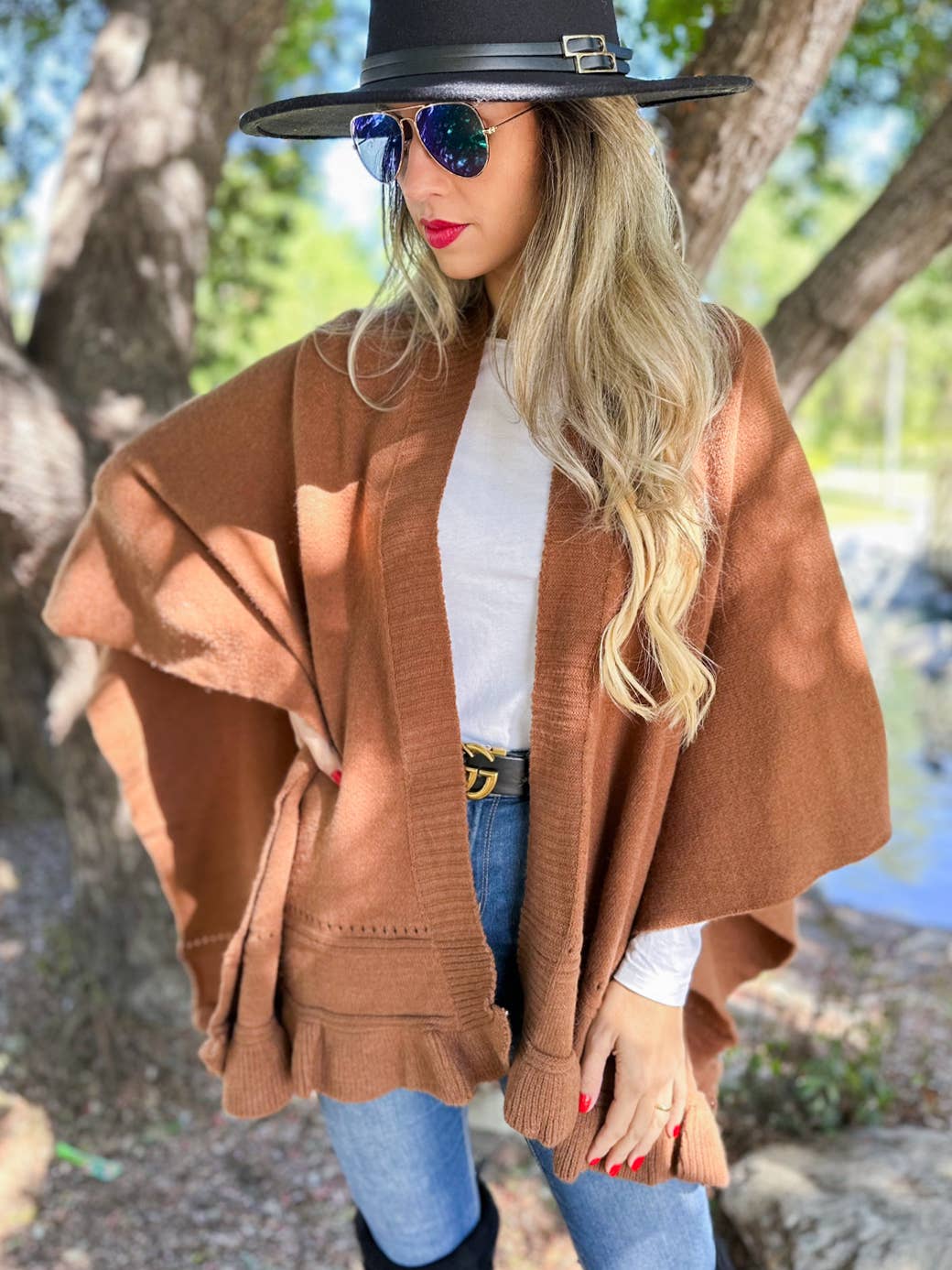 Elegant Brown Ruffled Knit Cape Shawl Ruana