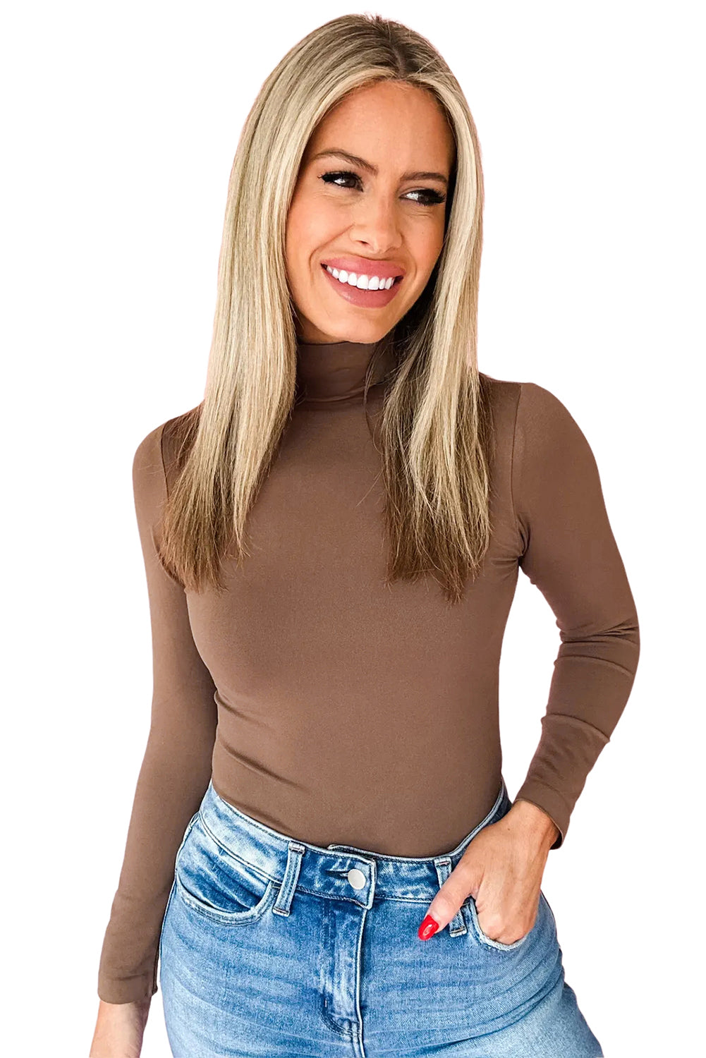 Black Slim Fit High Neck Long Sleeve Basic Top
