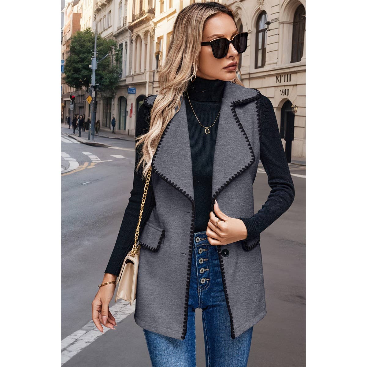 Color Block Tie Waist Button Down Vest