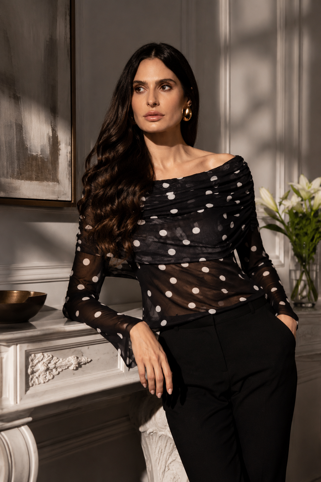 A646-A Polka Dot Off-Shoulder Mesh Top